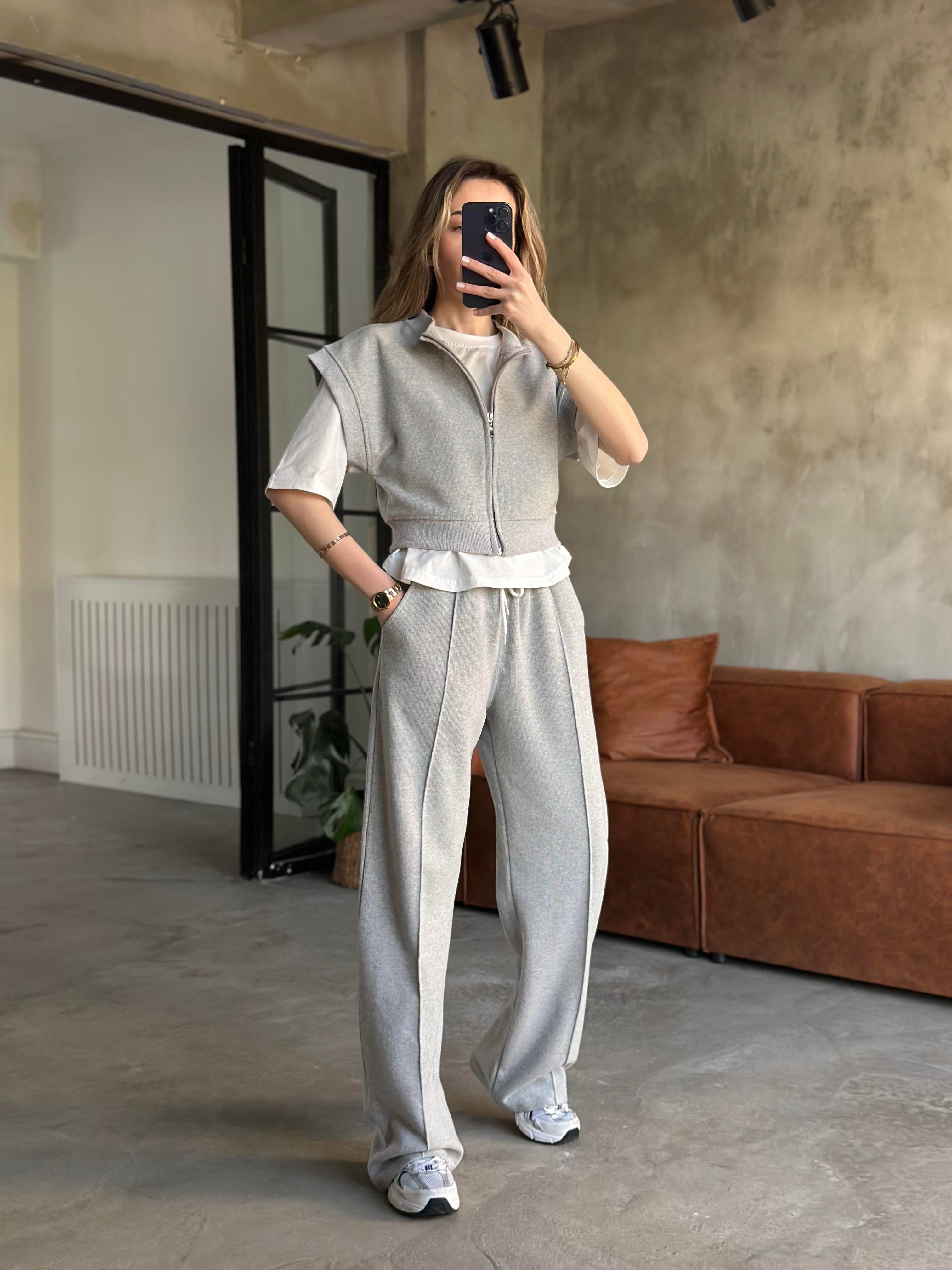 3'lü Set Selanik Kumaş Takım - Gri - Dominatrend