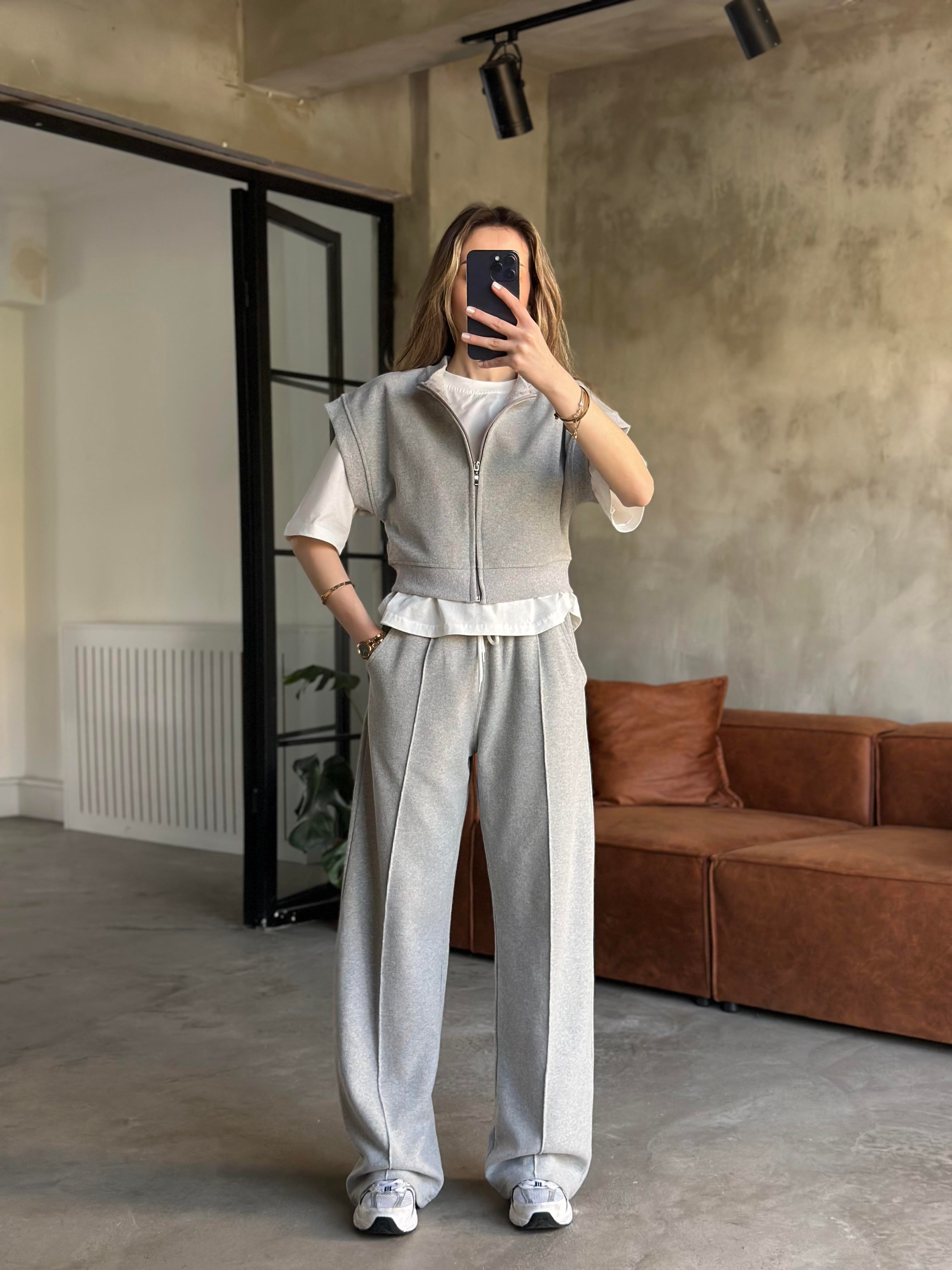3'lü Set Selanik Kumaş Takım - Gri - Dominatrend