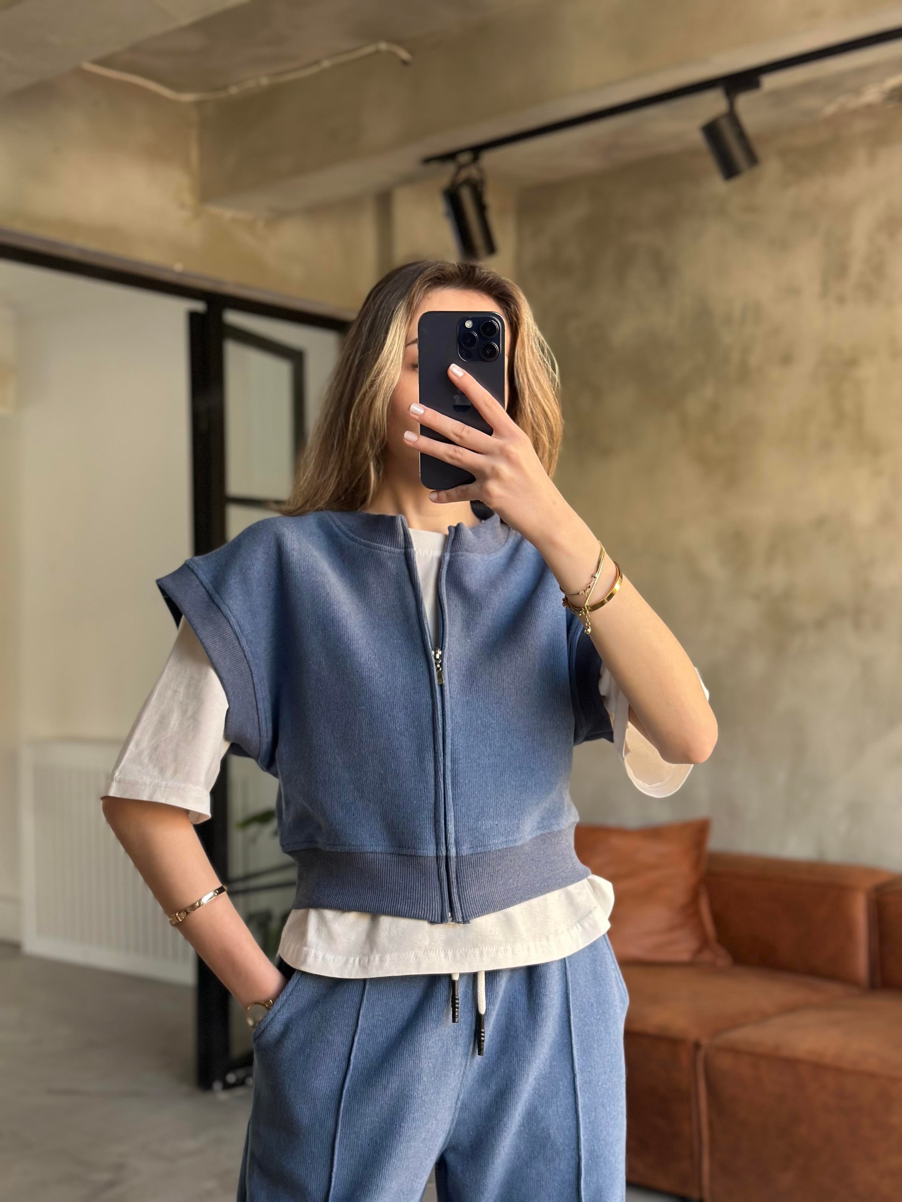 3'lü Set Selanik Kumaş Takım - İndigo - Dominatrend