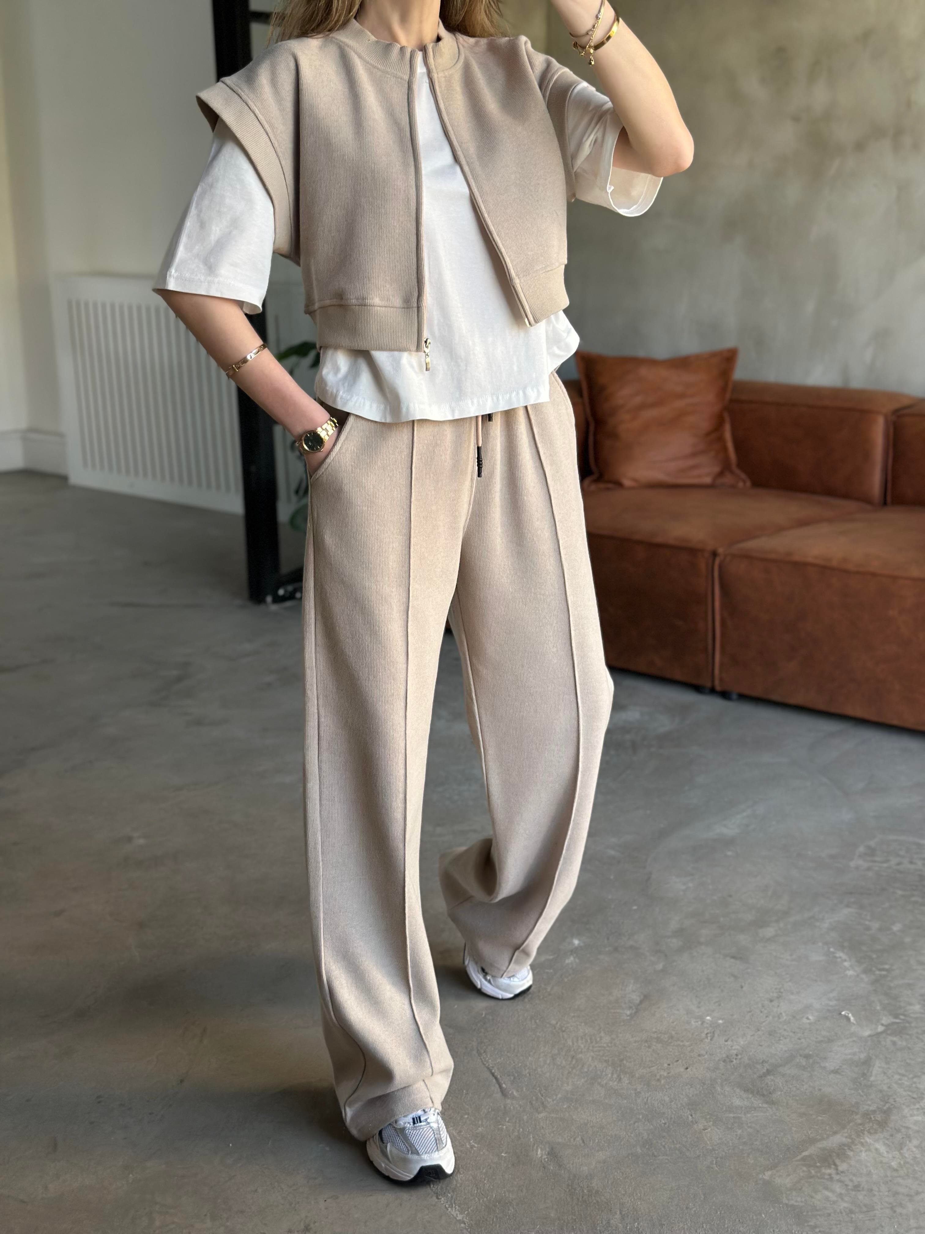 3'lü Set Selanik Kumaş Takım - Krem - Dominatrend