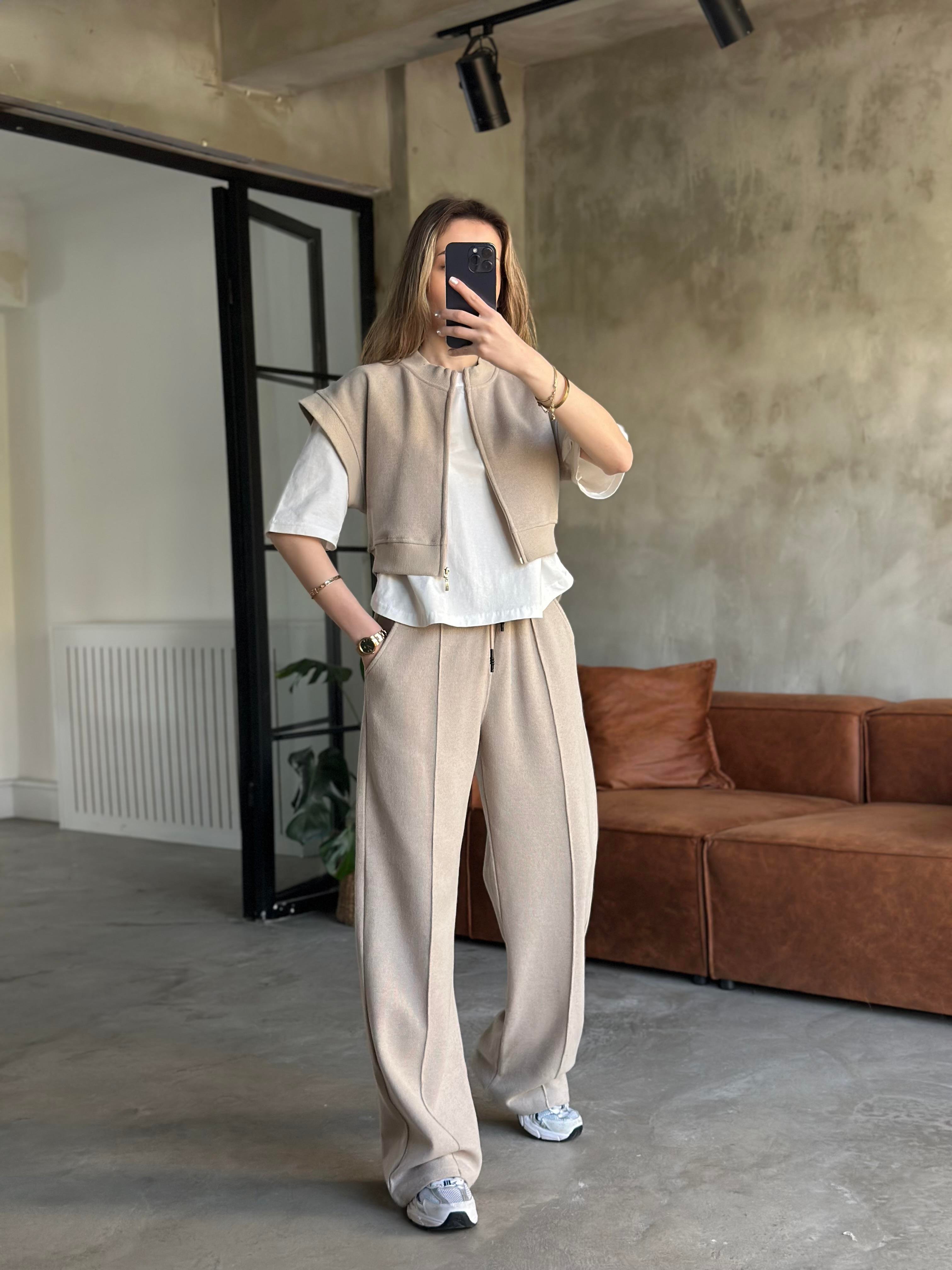 3'lü Set Selanik Kumaş Takım - Krem - Dominatrend