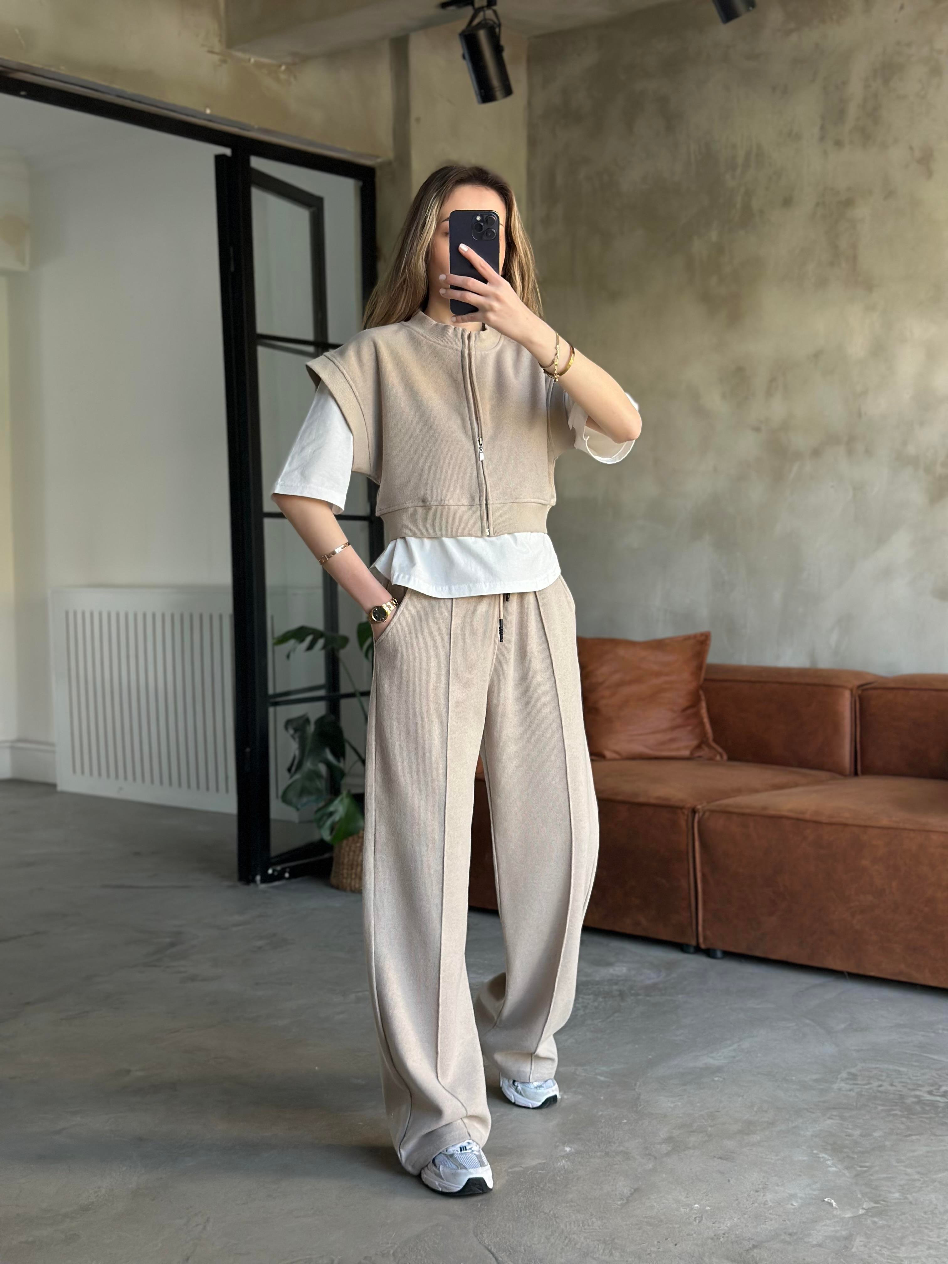 3'lü Set Selanik Kumaş Takım - Krem - Dominatrend
