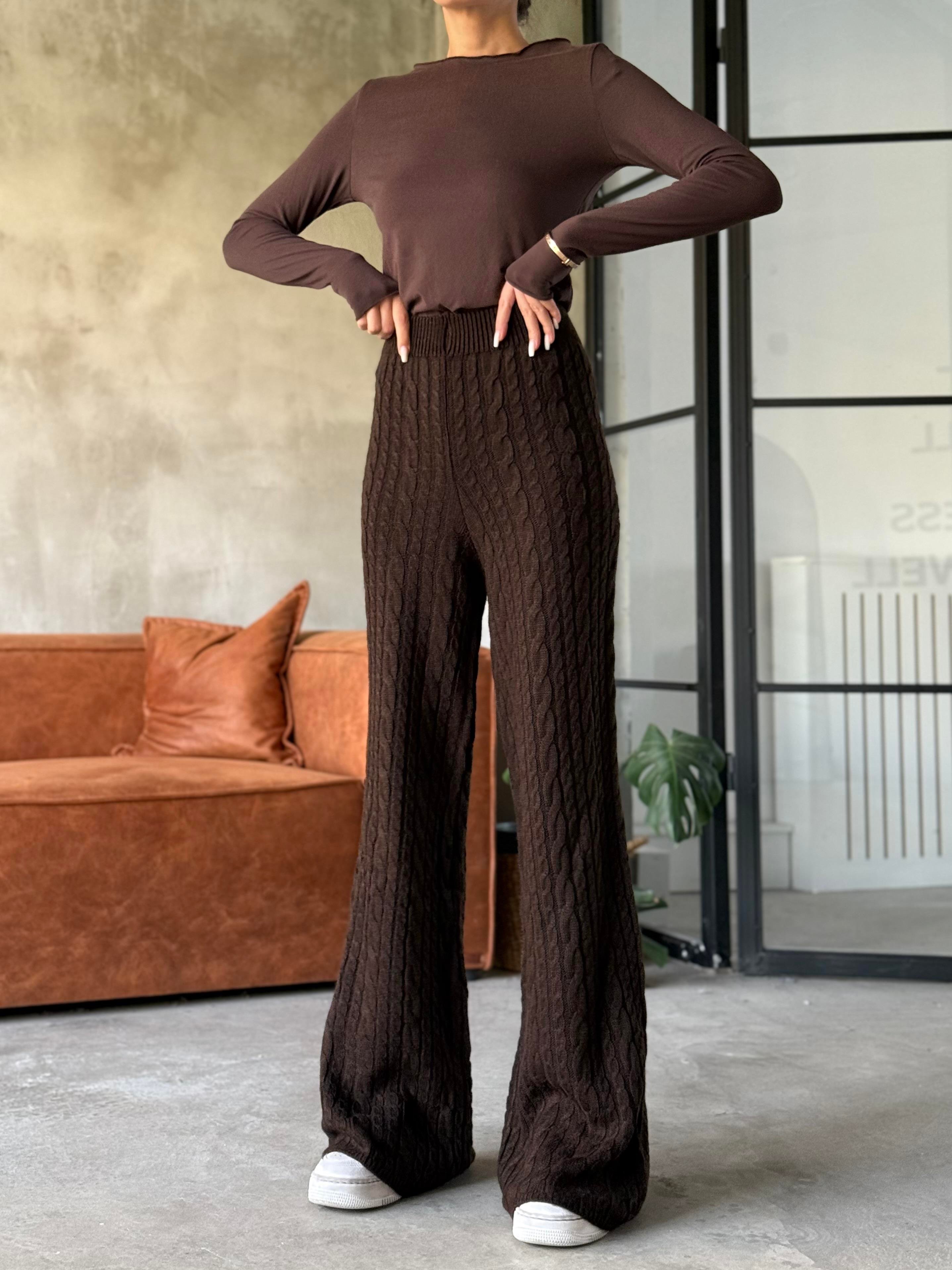 Acı Kahve Saç Örme Triko Pantolon - Dominatrend