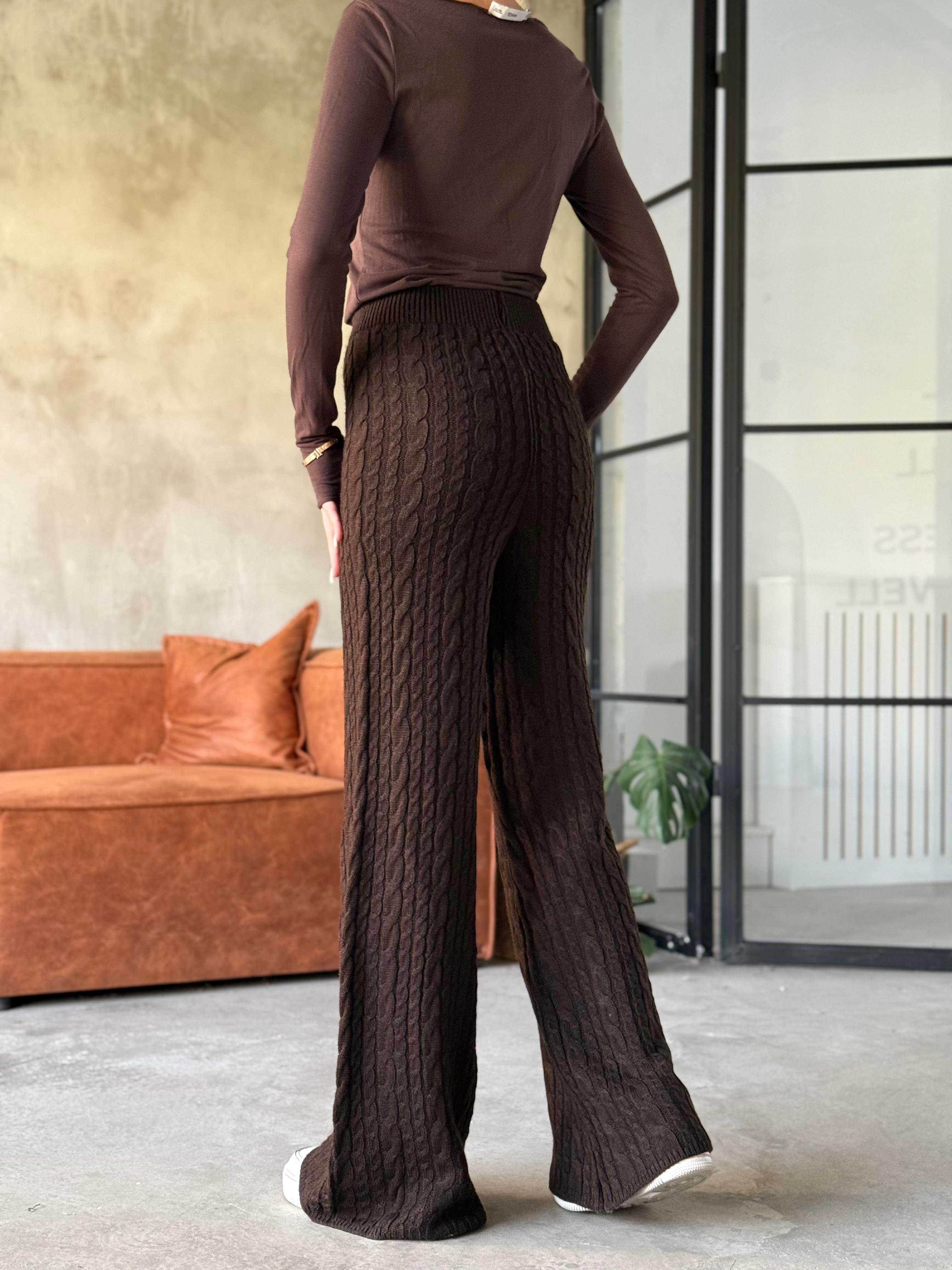 Acı Kahve Saç Örme Triko Pantolon - Dominatrend