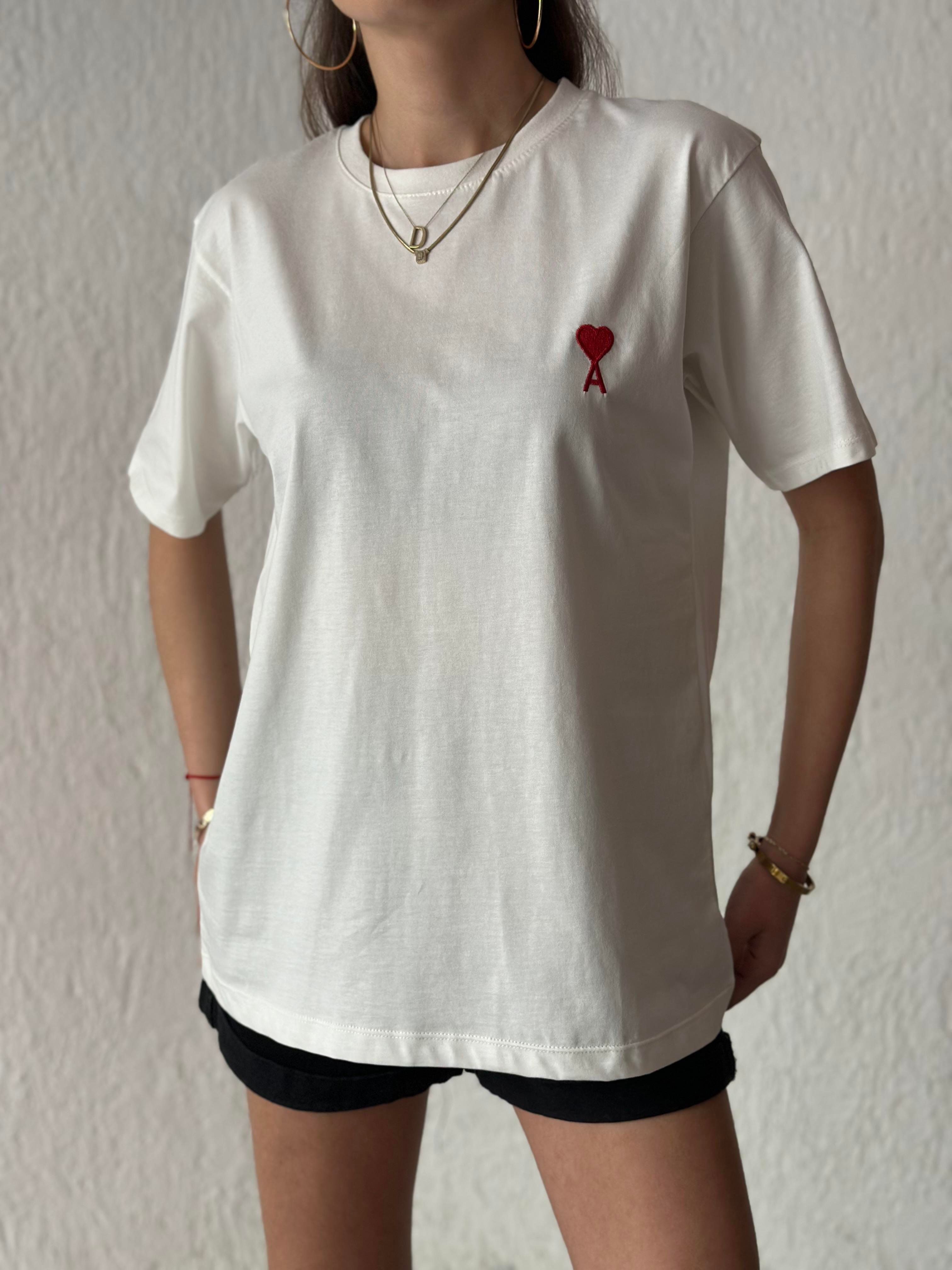 Ami Logo Nakışlı Oversize T-shirt - Beyaz - Dominatrend