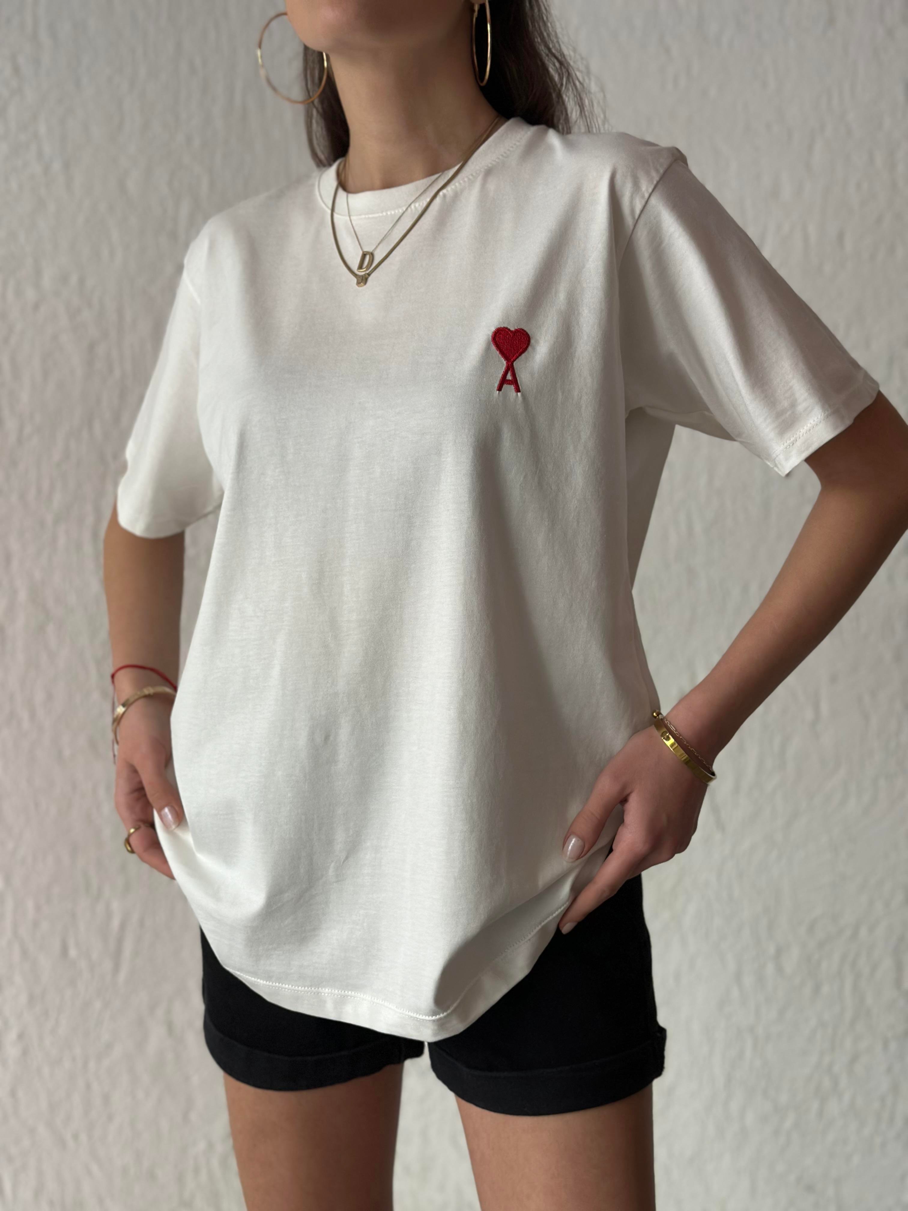 Ami Logo Nakışlı Oversize T-shirt - Beyaz - Dominatrend