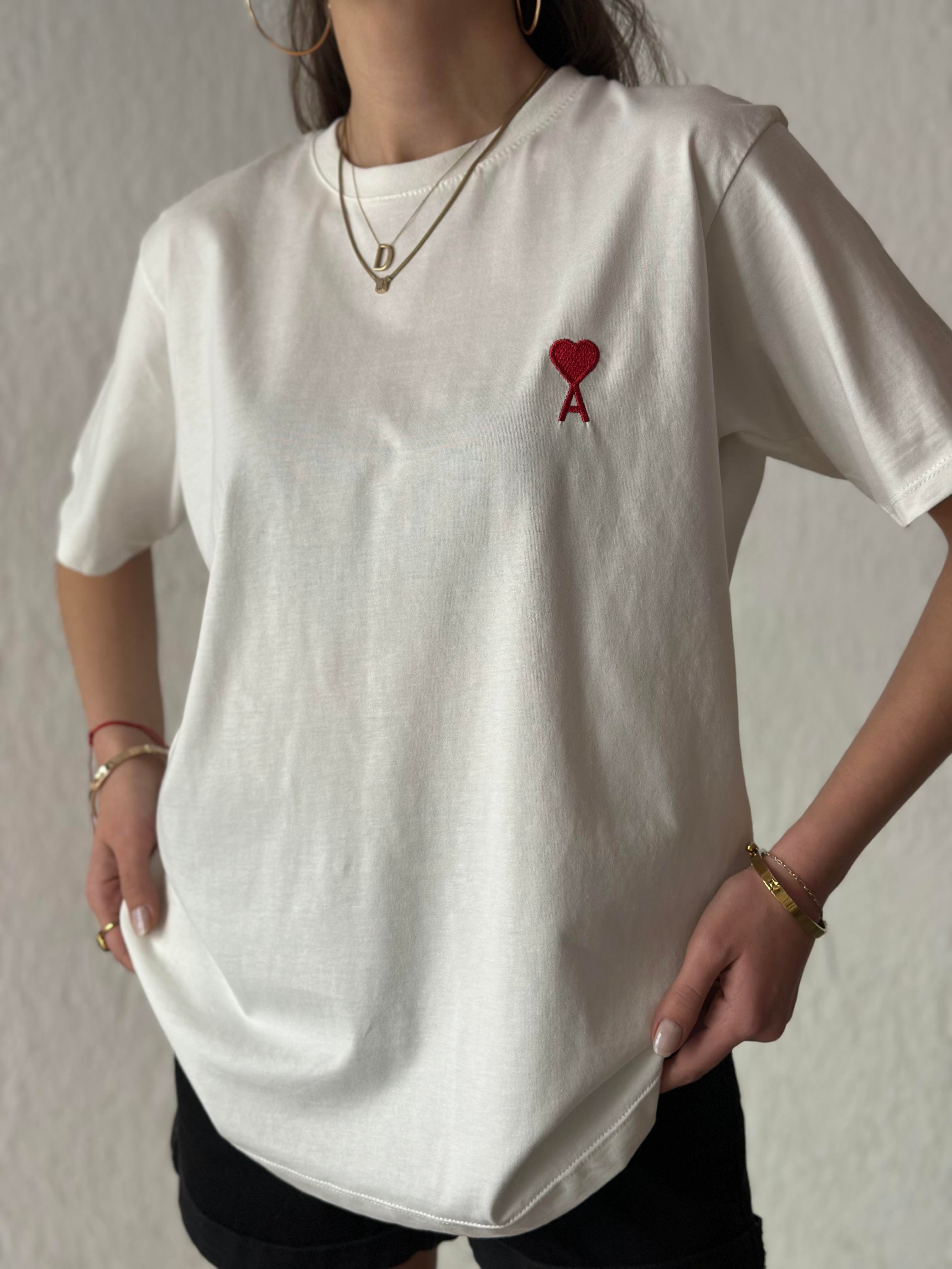 Ami Logo Nakışlı Oversize T-shirt - Beyaz - Dominatrend