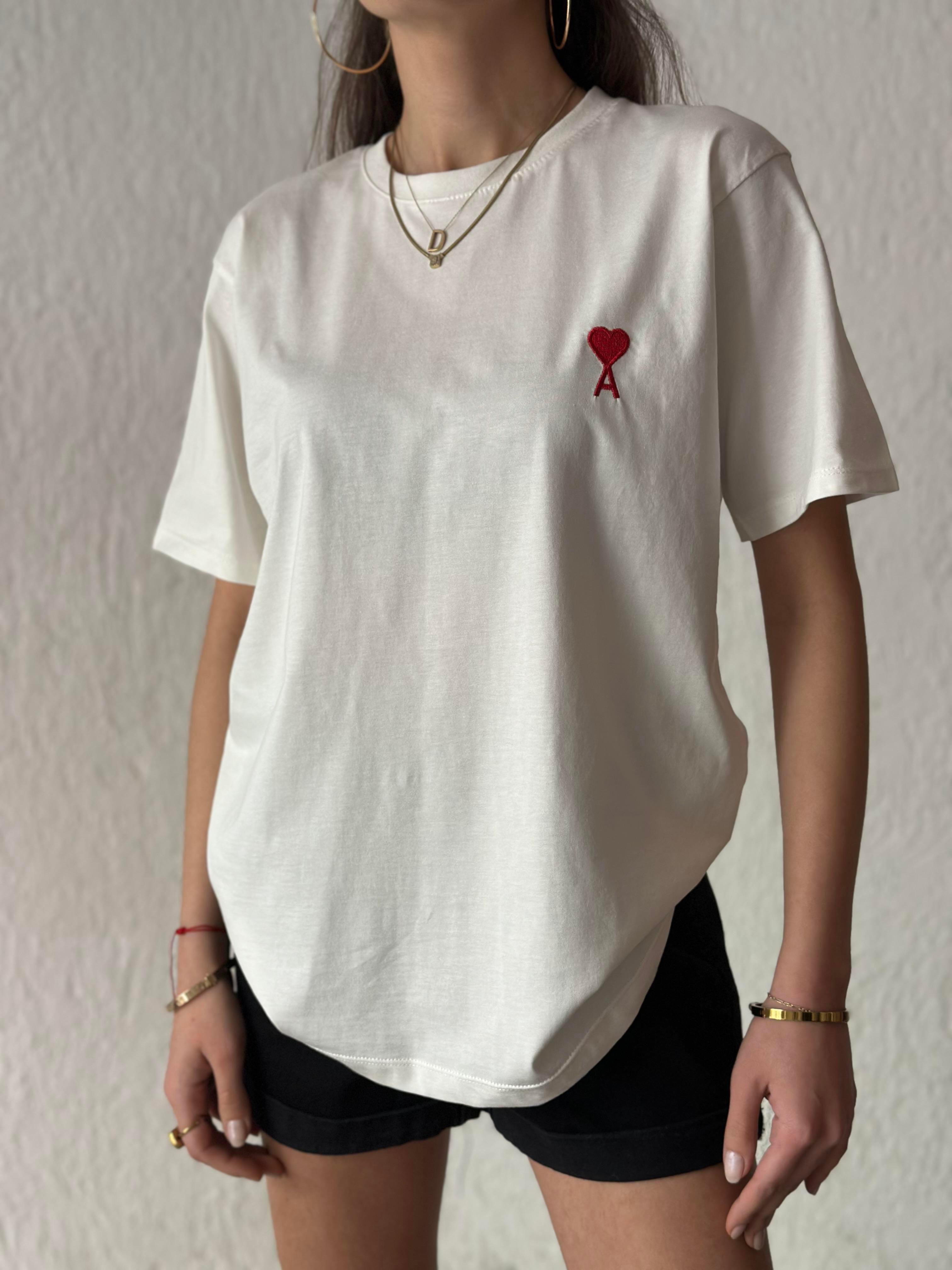 Ami Logo Nakışlı Oversize T-shirt - Beyaz - Dominatrend
