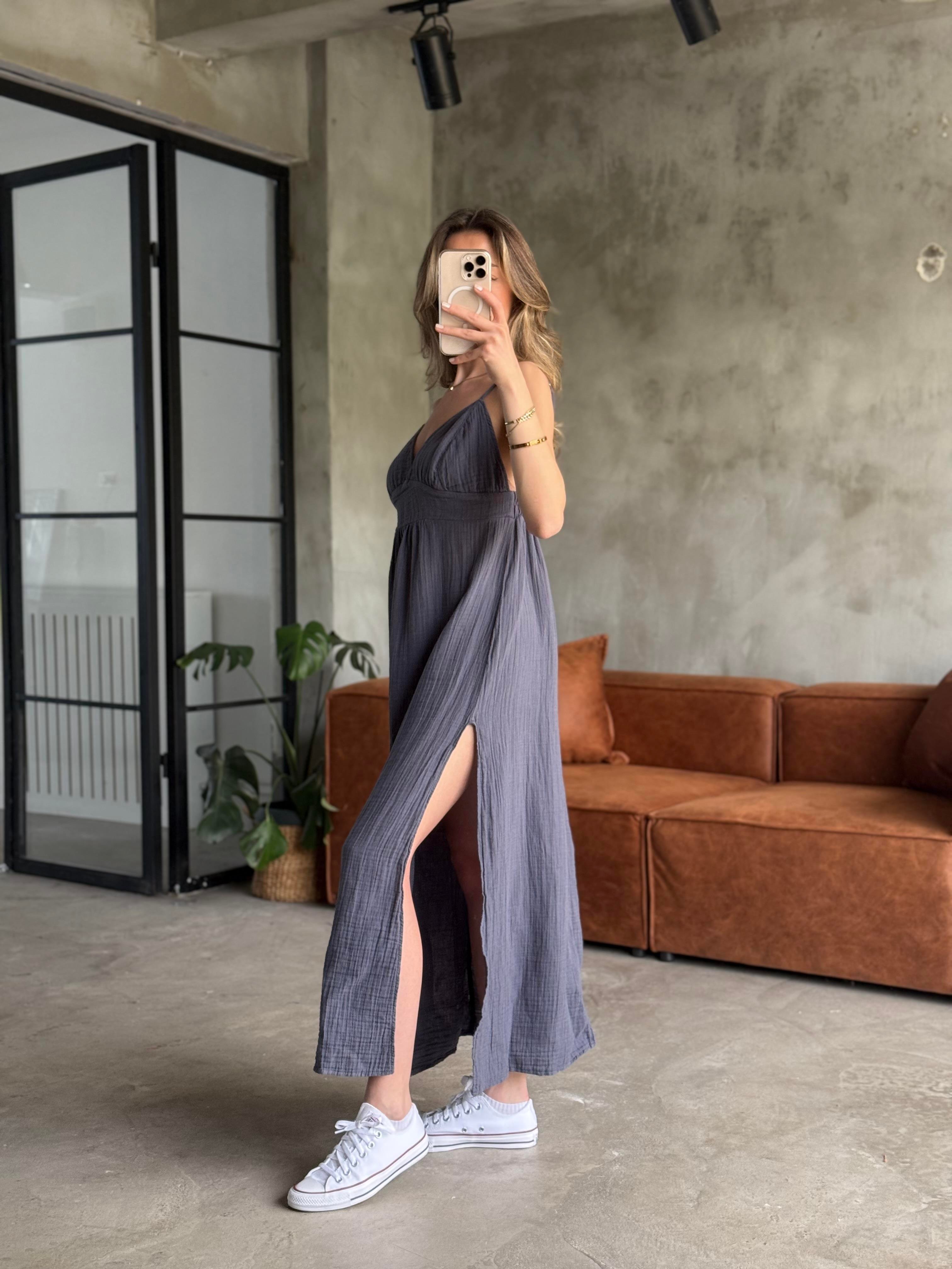 Antrasit Lilyana Askılı Müslin Elbise - Dominatrend