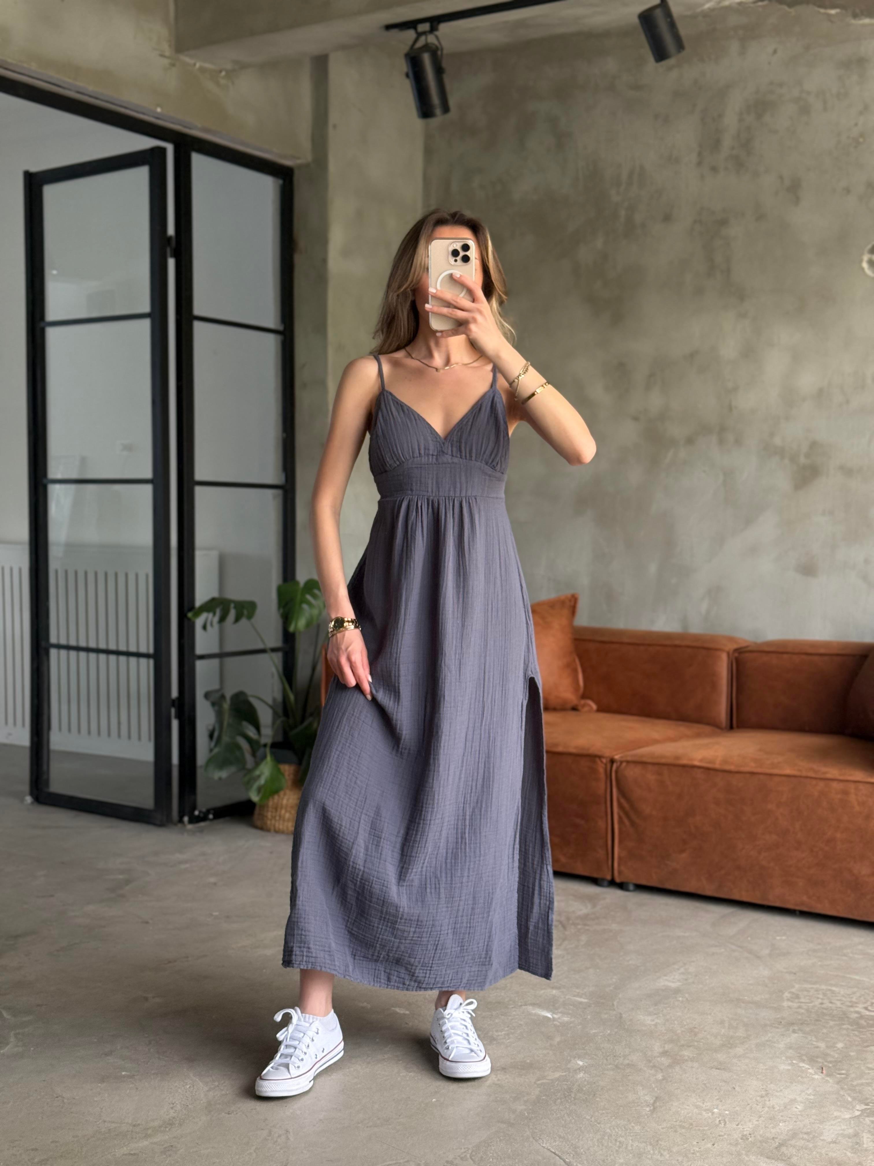 Antrasit Lilyana Askılı Müslin Elbise - Dominatrend