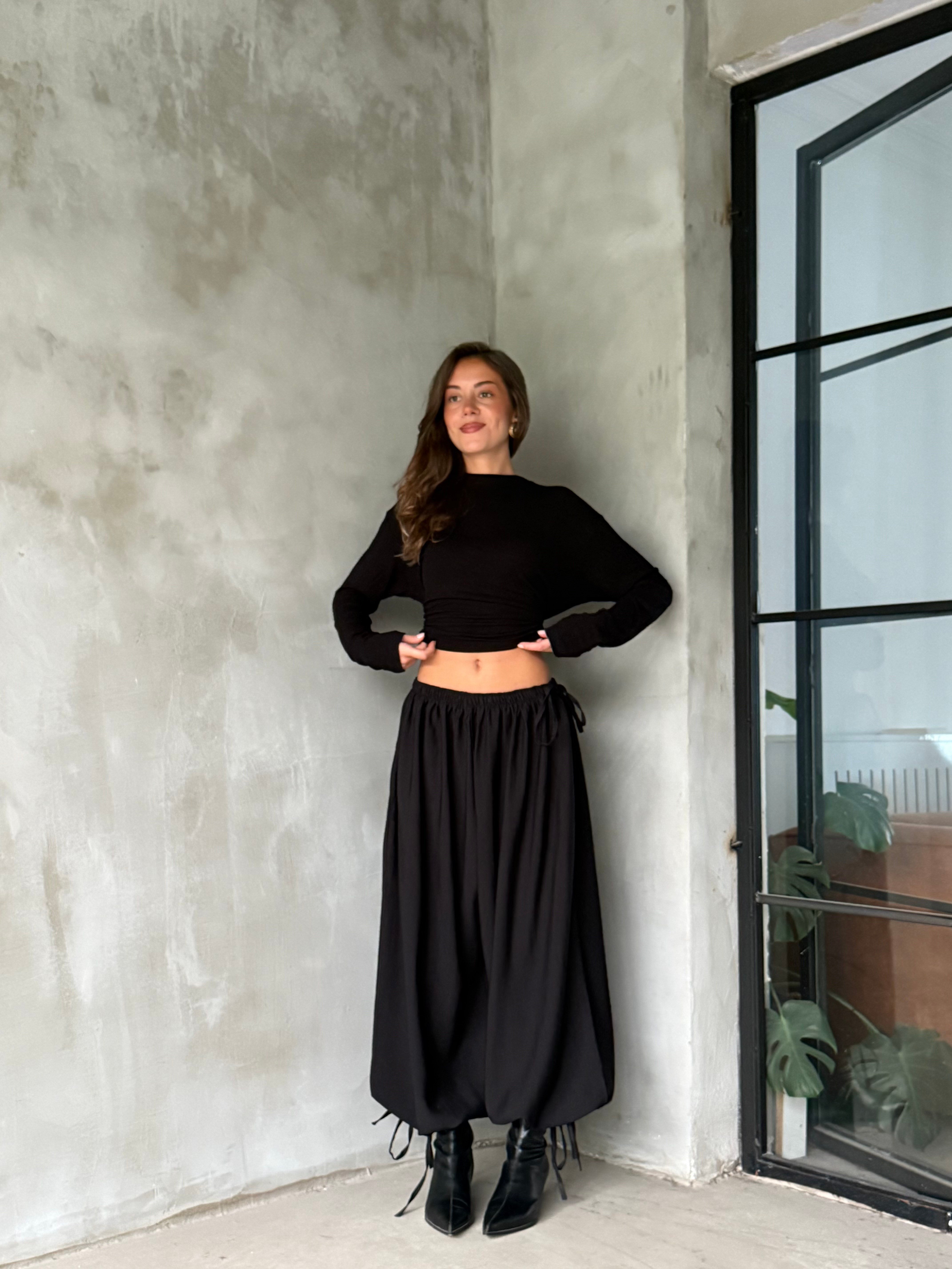 Bağlamalı Balon Pantolon - Siyah - Dominatrend
