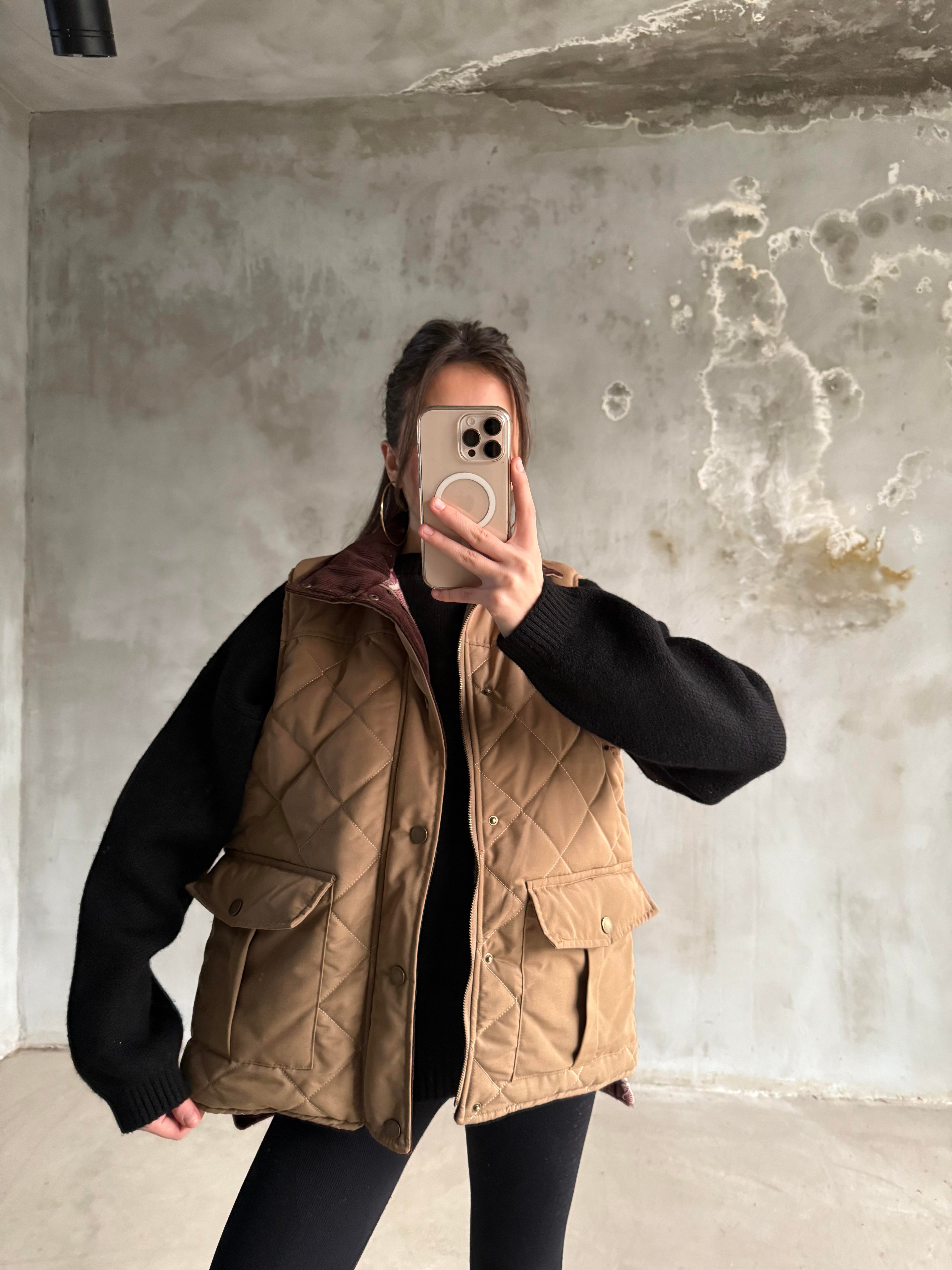 Barbour Kadife Yaka Ekose Astarlı Yelek - Camel - Dominatrend