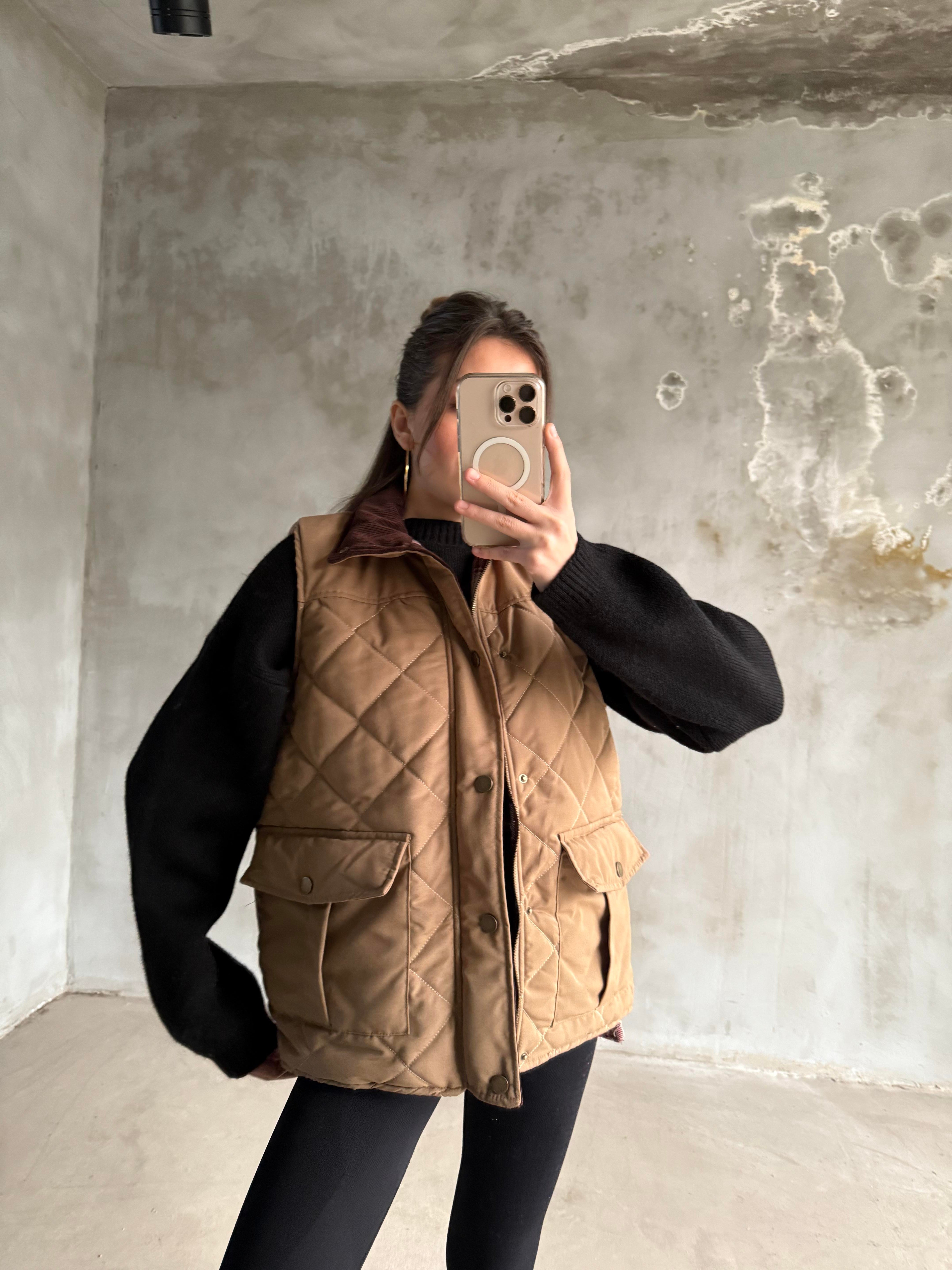 Barbour Kadife Yaka Ekose Astarlı Yelek - Camel - Dominatrend