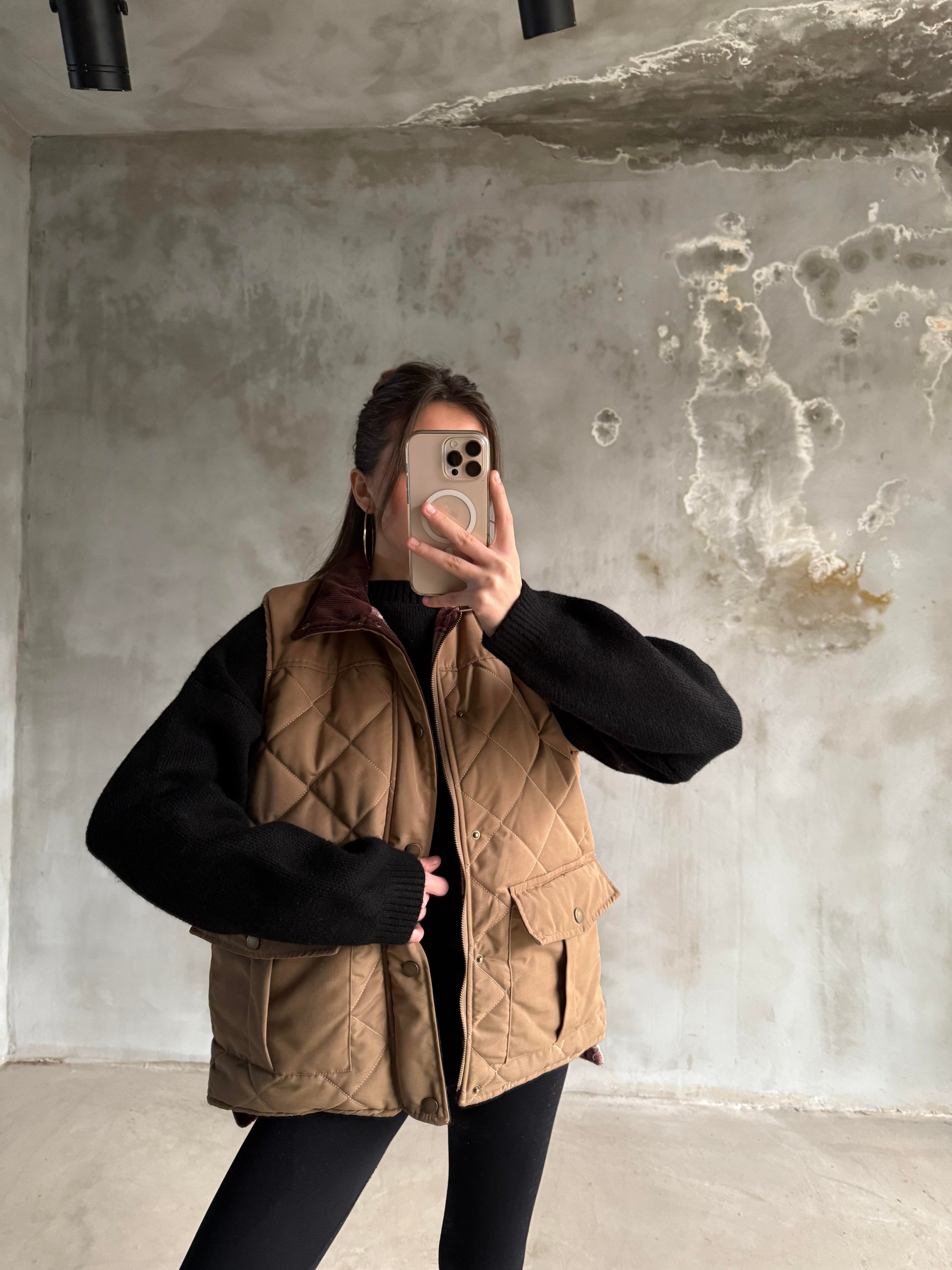 Barbour Kadife Yaka Ekose Astarlı Yelek - Camel - Dominatrend