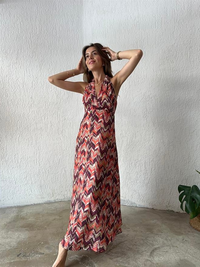 Batik Sırt Dekolteli Elbise - Renkli - Dominatrend