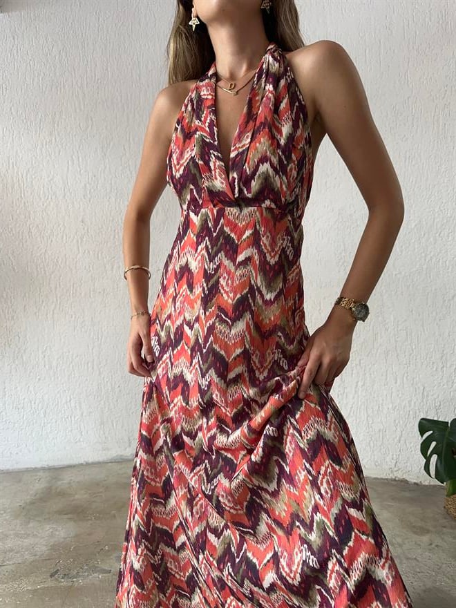 Batik Sırt Dekolteli Elbise - Renkli - Dominatrend