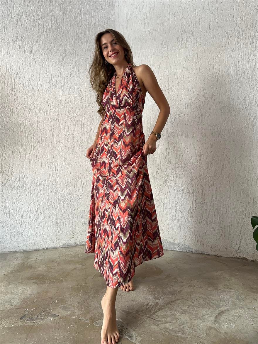 Batik Sırt Dekolteli Elbise - Renkli - Dominatrend