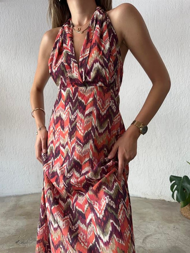 Batik Sırt Dekolteli Elbise - Renkli - Dominatrend