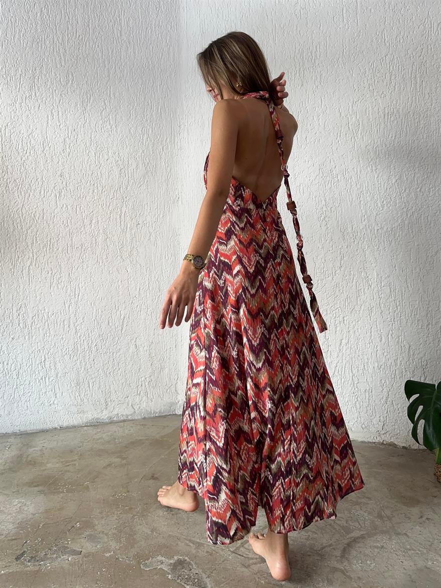 Batik Sırt Dekolteli Elbise - Renkli - Dominatrend