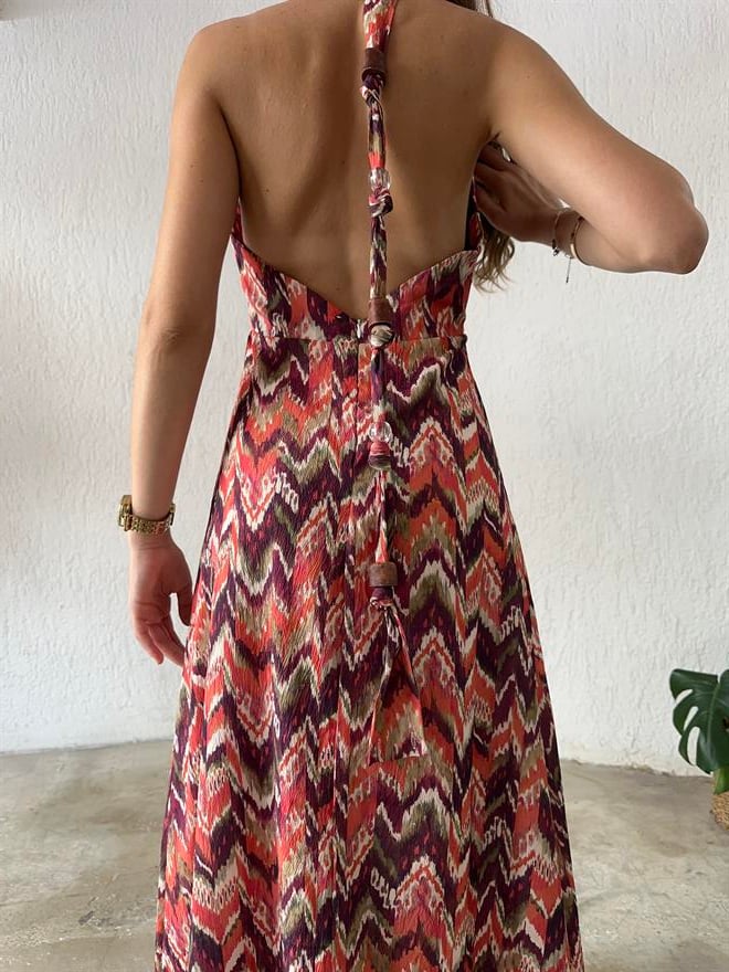 Batik Sırt Dekolteli Elbise - Renkli - Dominatrend