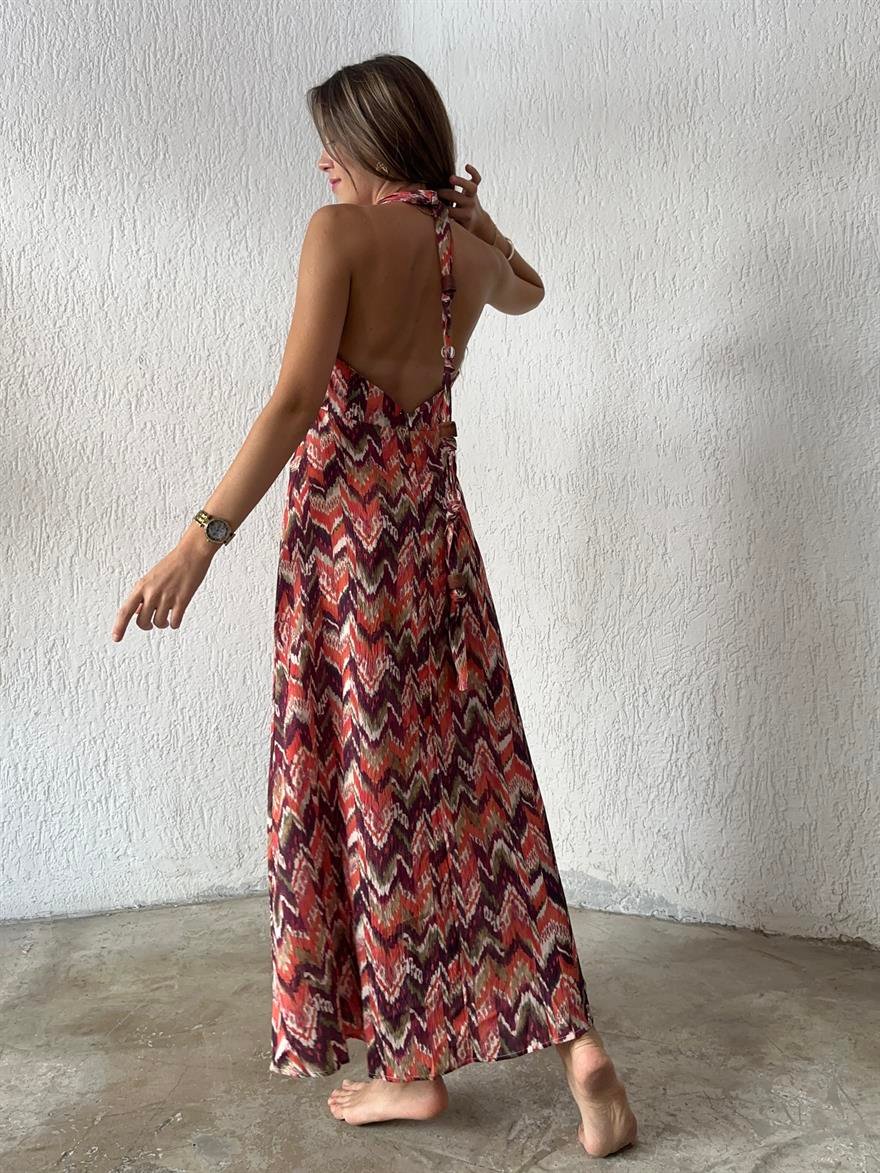 Batik Sırt Dekolteli Elbise - Renkli - Dominatrend