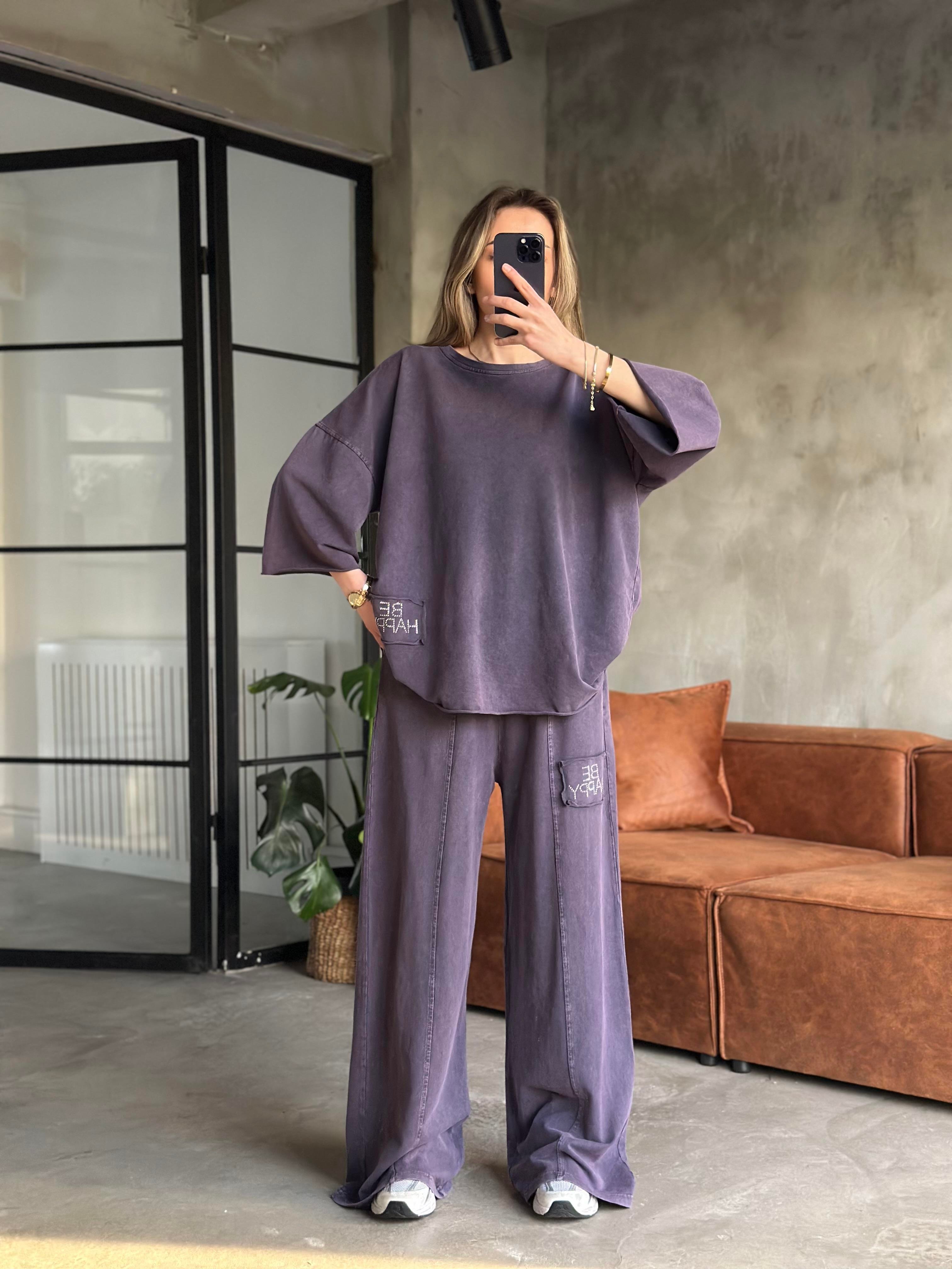 Be Happy Taş Baskı Yıkamalı Oversize Takım - Mor - Dominatrend