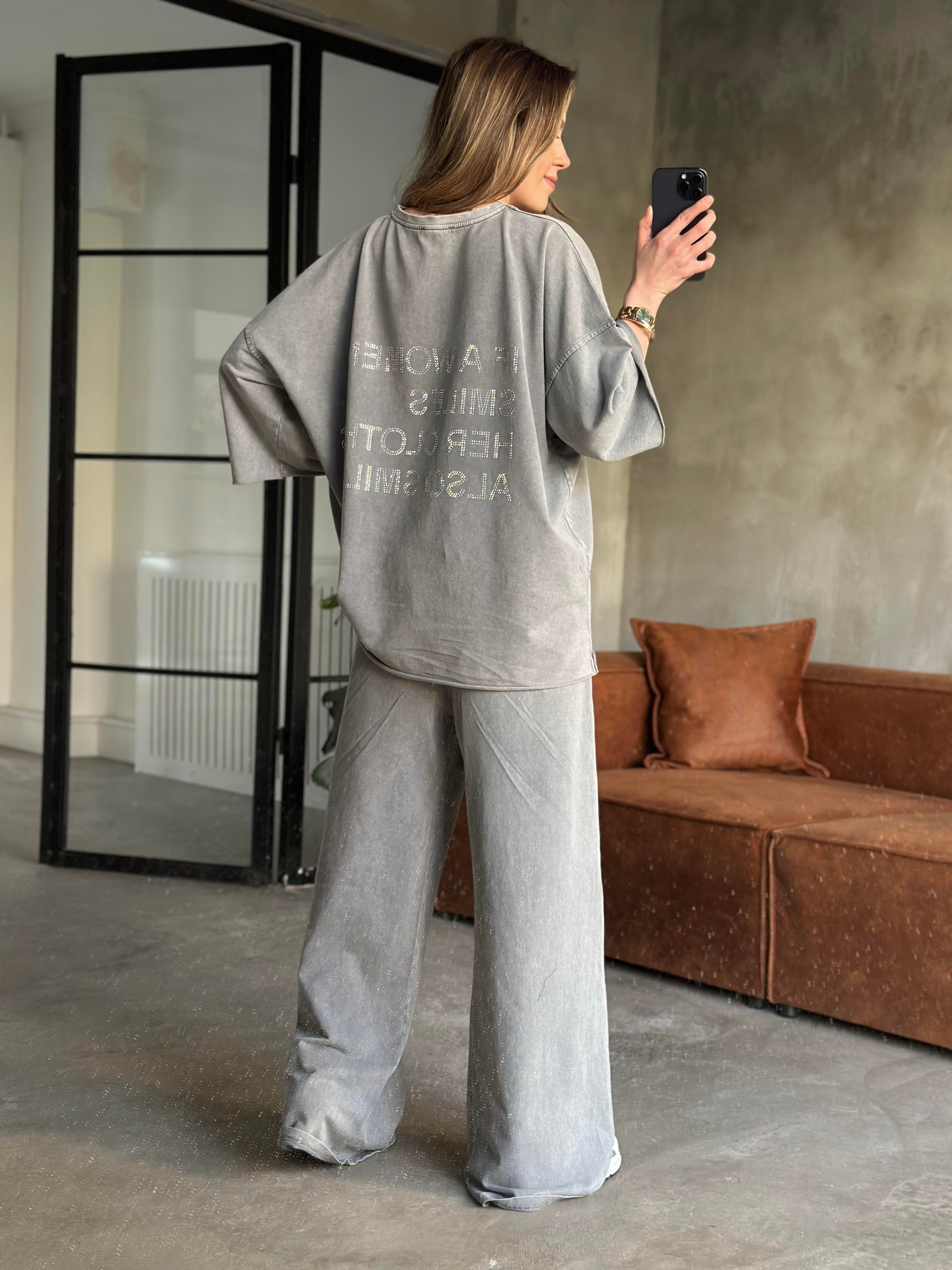Be Happy Taş Baskı Yıkamalı Oversize Takım - Gri - Dominatrend