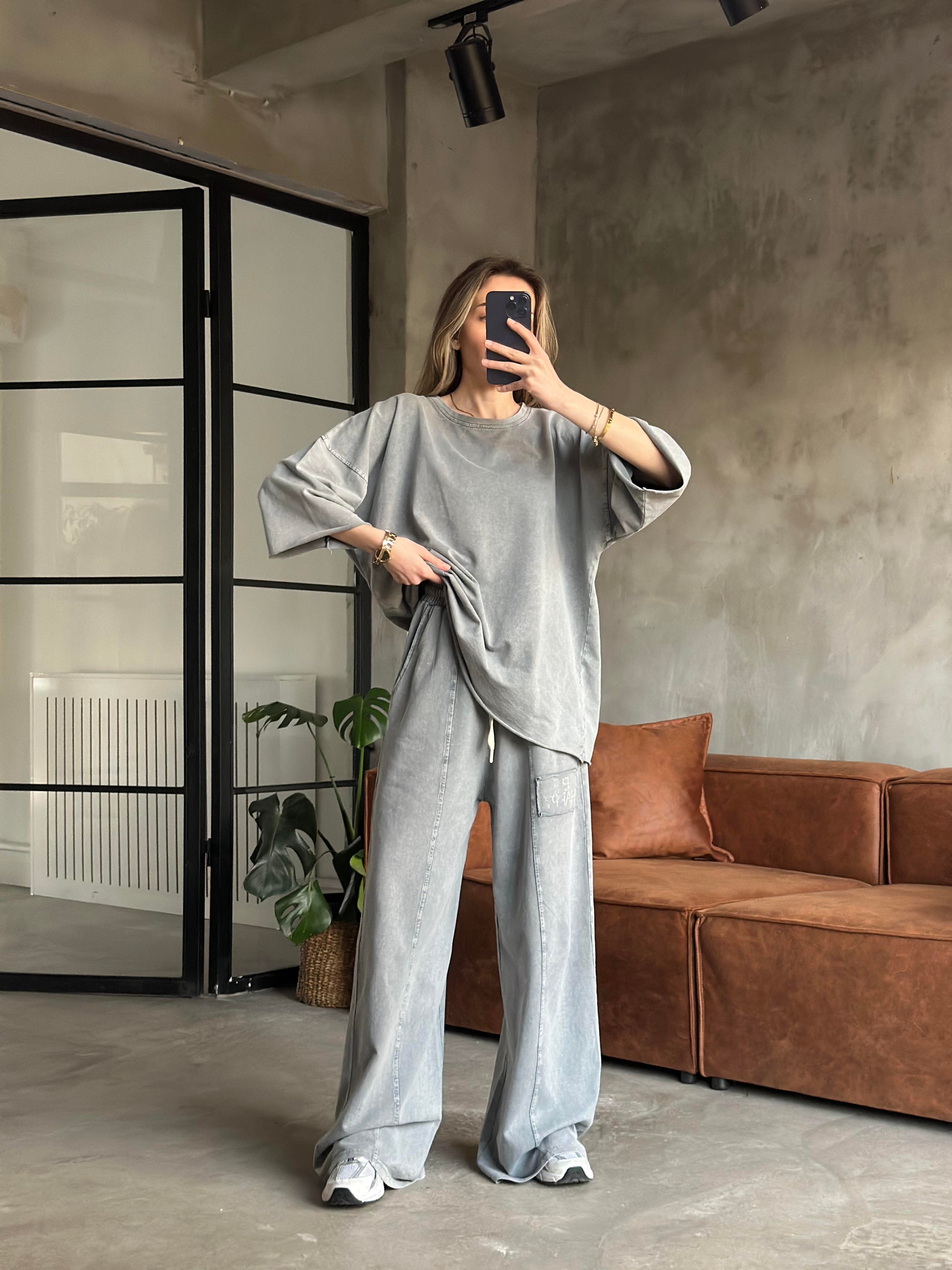 Be Happy Taş Baskı Yıkamalı Oversize Takım - Gri - Dominatrend