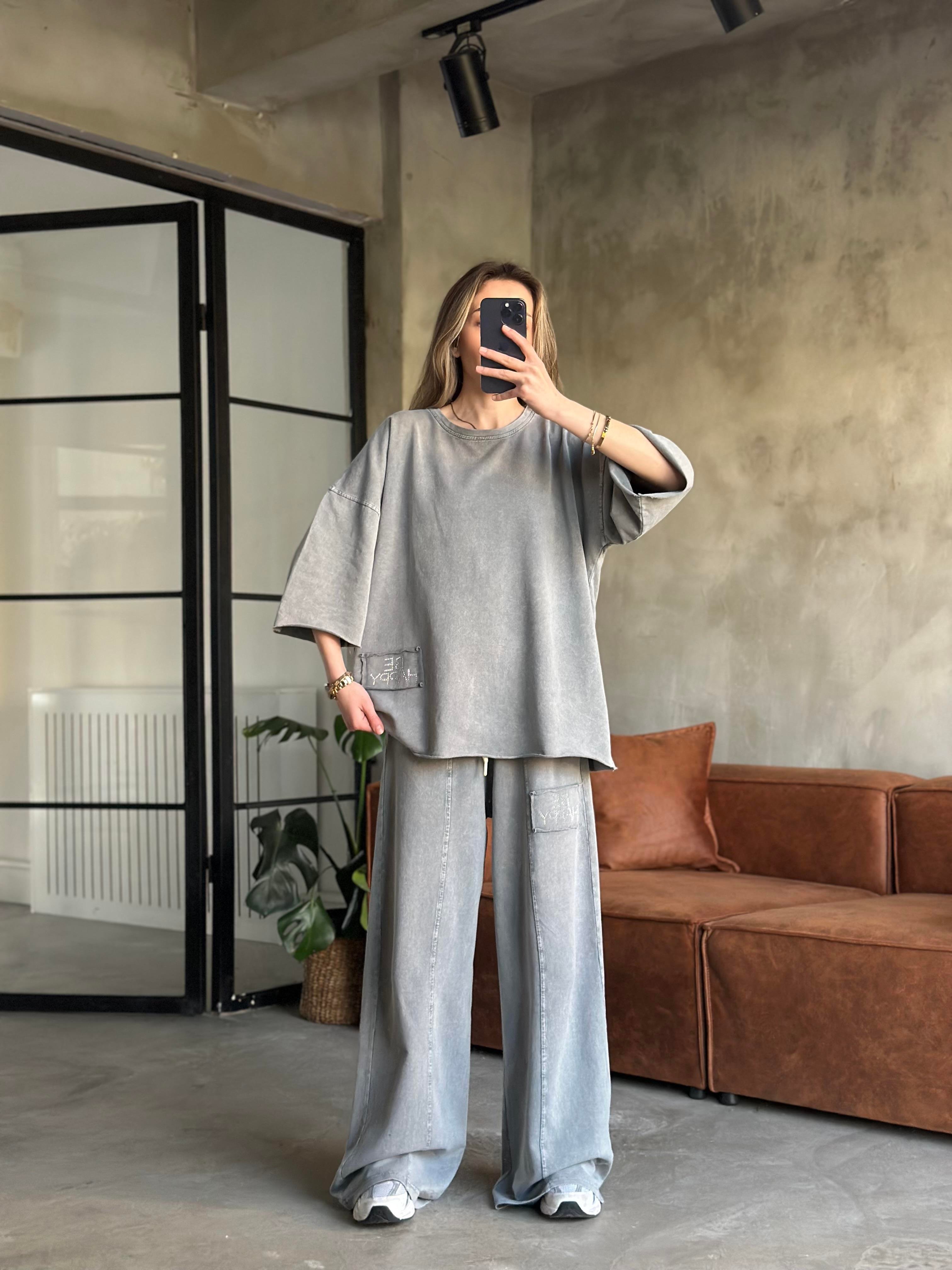 Be Happy Taş Baskı Yıkamalı Oversize Takım - Gri - Dominatrend