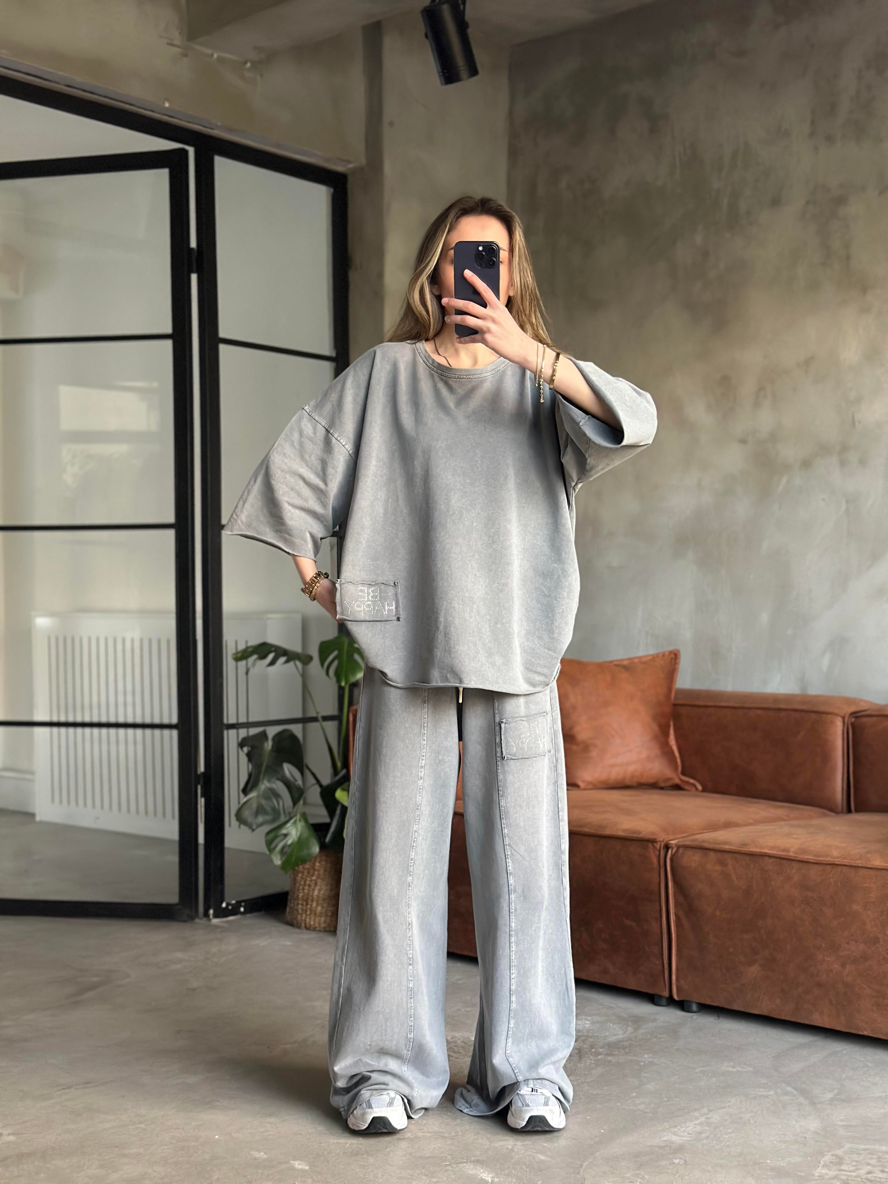 Be Happy Taş Baskı Yıkamalı Oversize Takım - Gri - Dominatrend