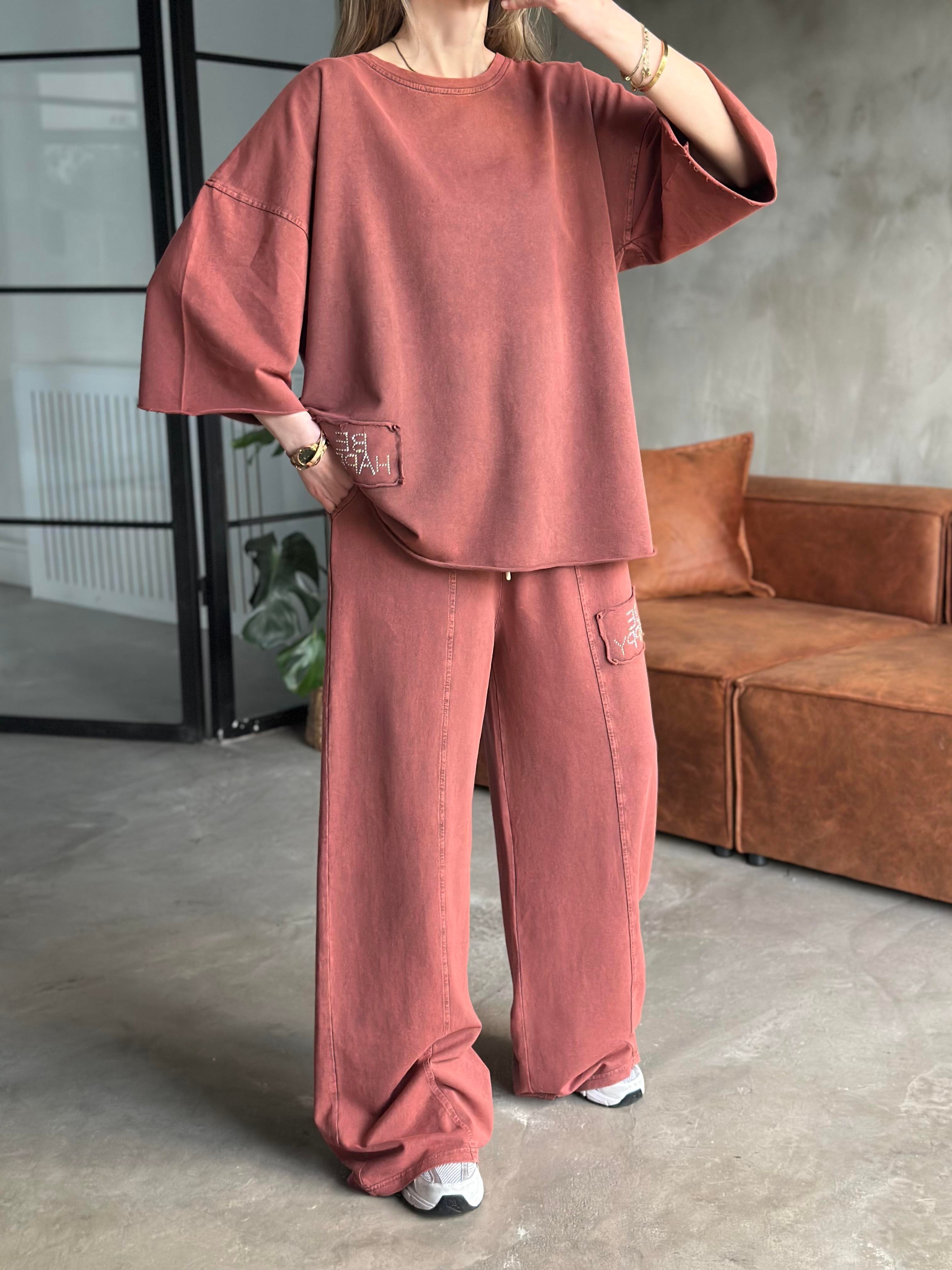 Be Happy Taş Baskı Yıkamalı Oversize Takım - Bordo - Dominatrend