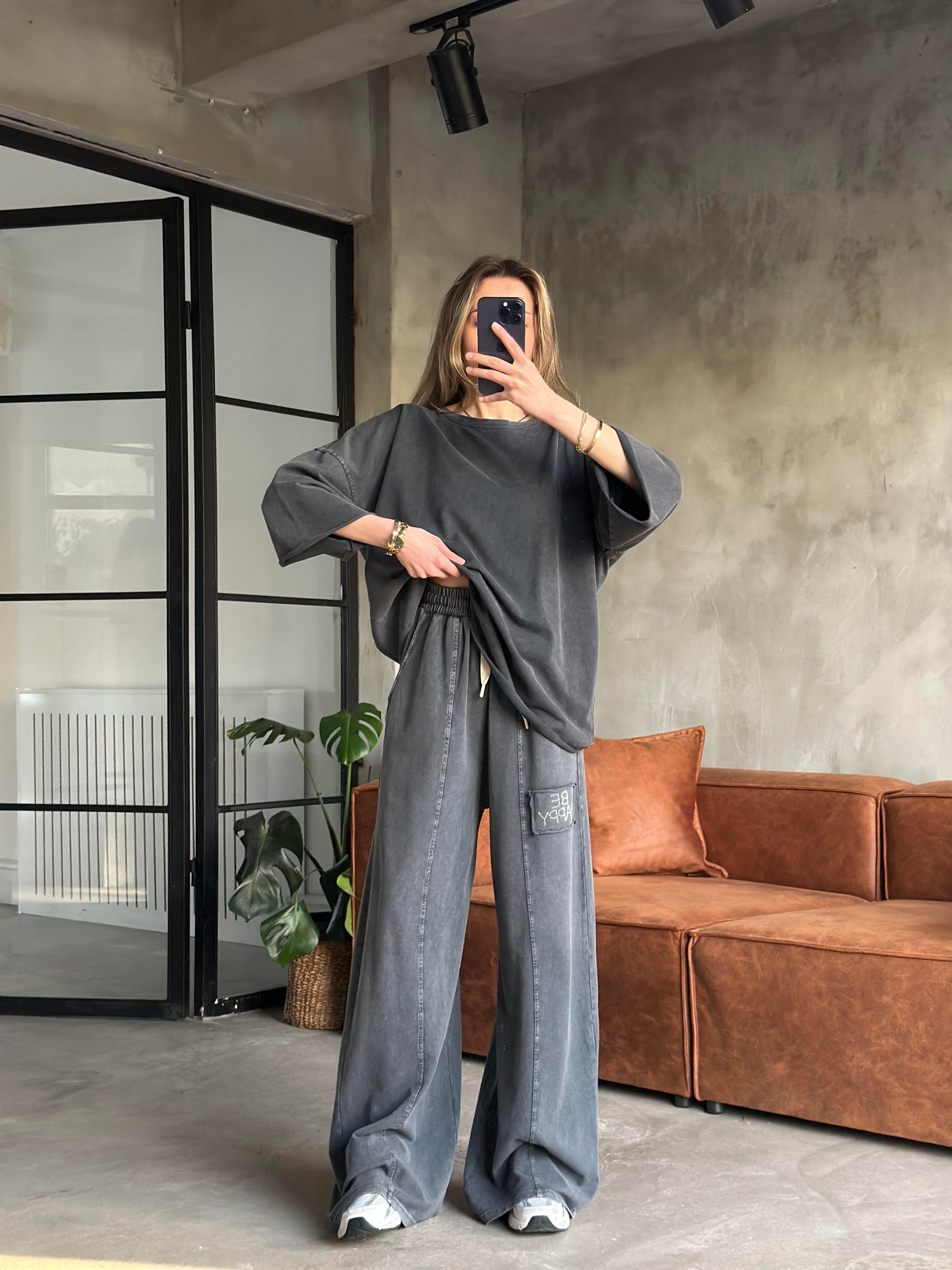 Be Happy Taş Baskı Yıkamalı Oversize Takım - Siyah - Dominatrend