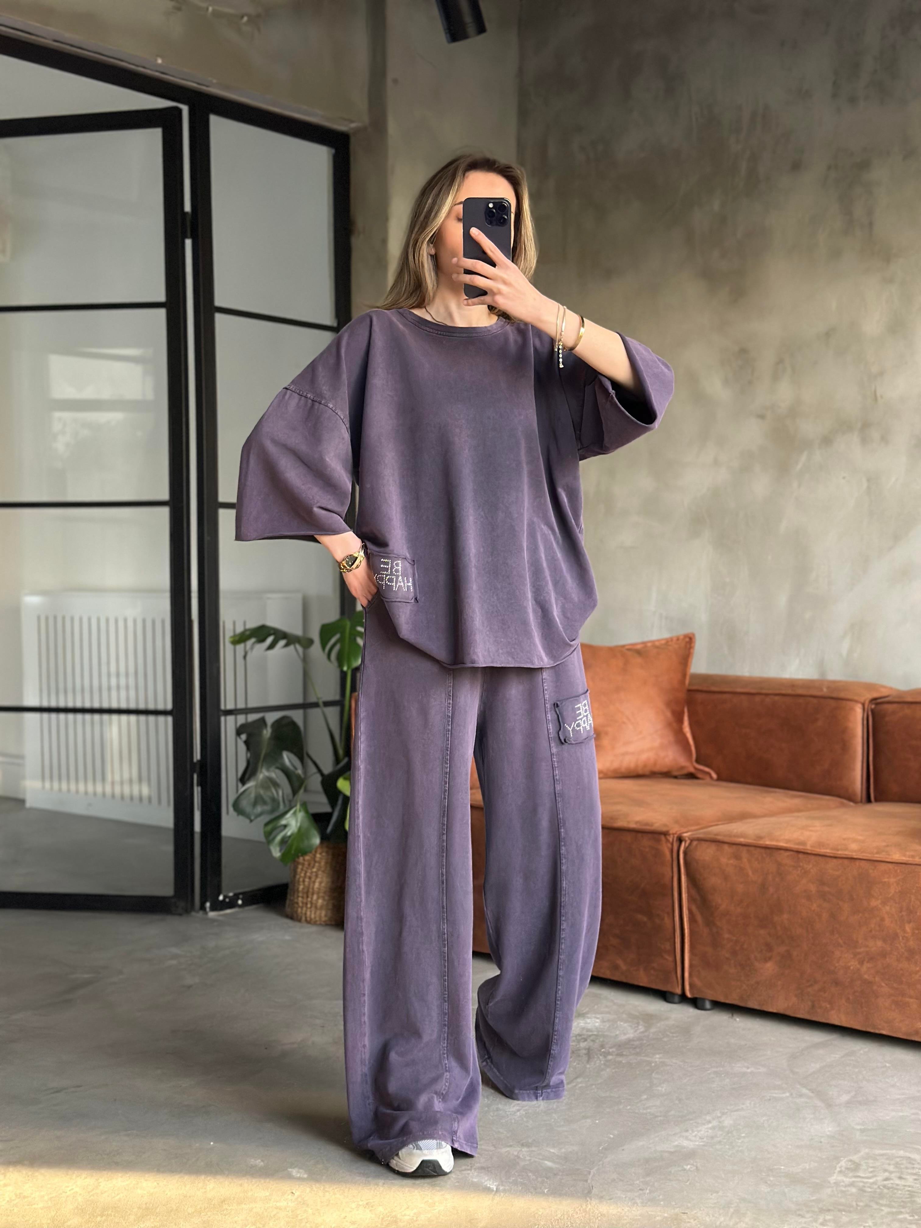 Be Happy Taş Baskı Yıkamalı Oversize Takım - Mor - Dominatrend