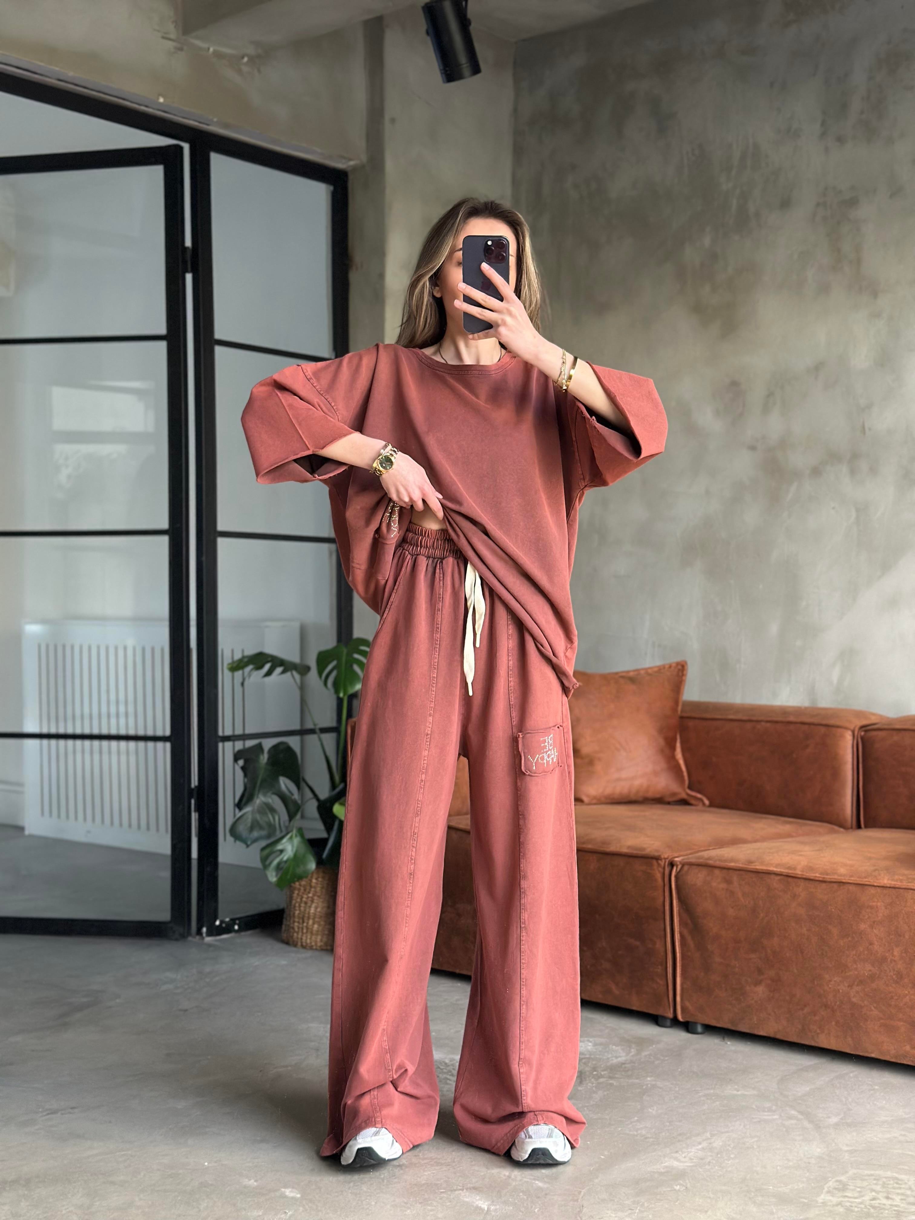 Be Happy Taş Baskı Yıkamalı Oversize Takım - Bordo - Dominatrend