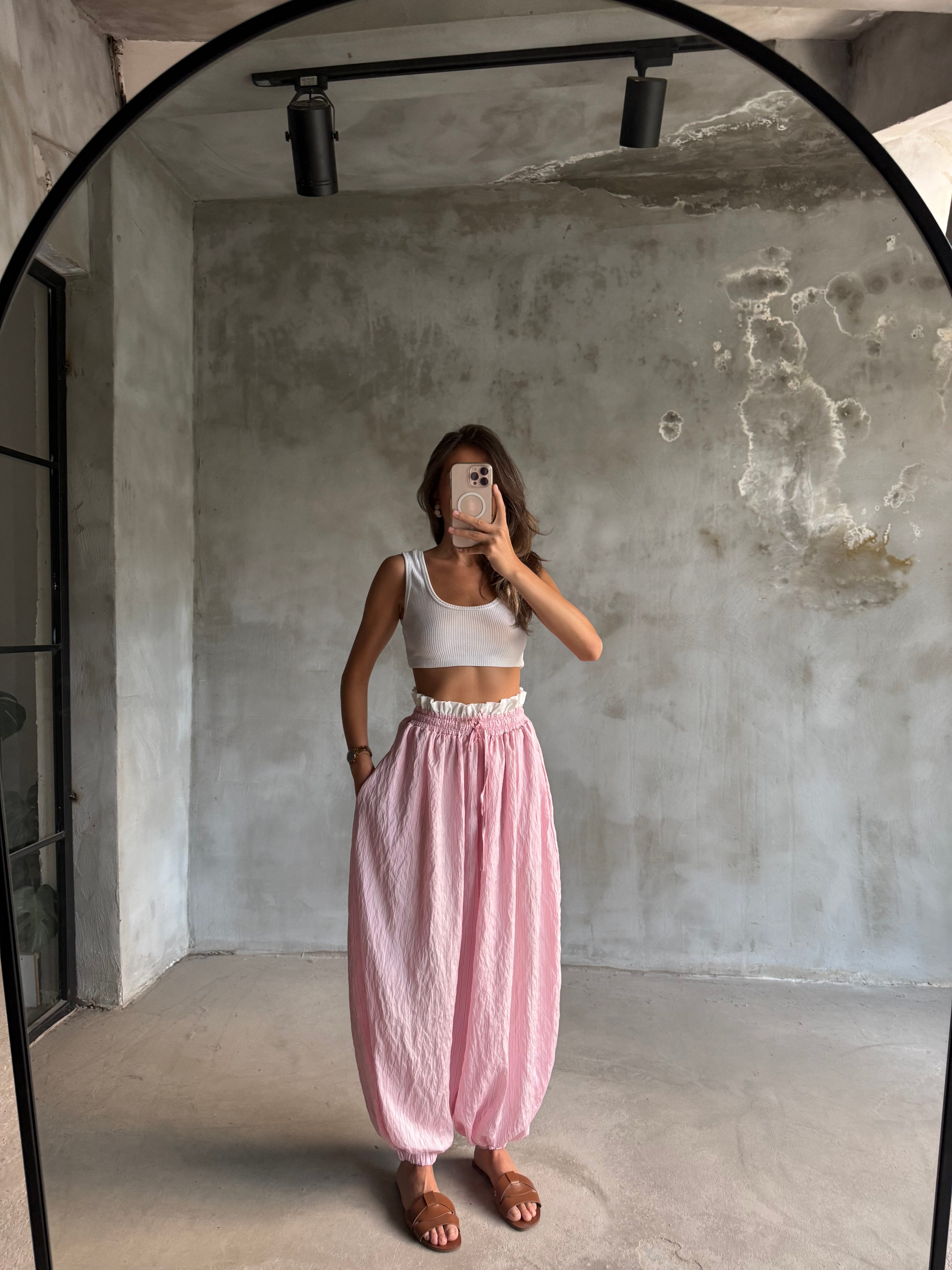 Bel Detay Çizgili Balon Şalvar Pantolon - Pembe - Dominatrend