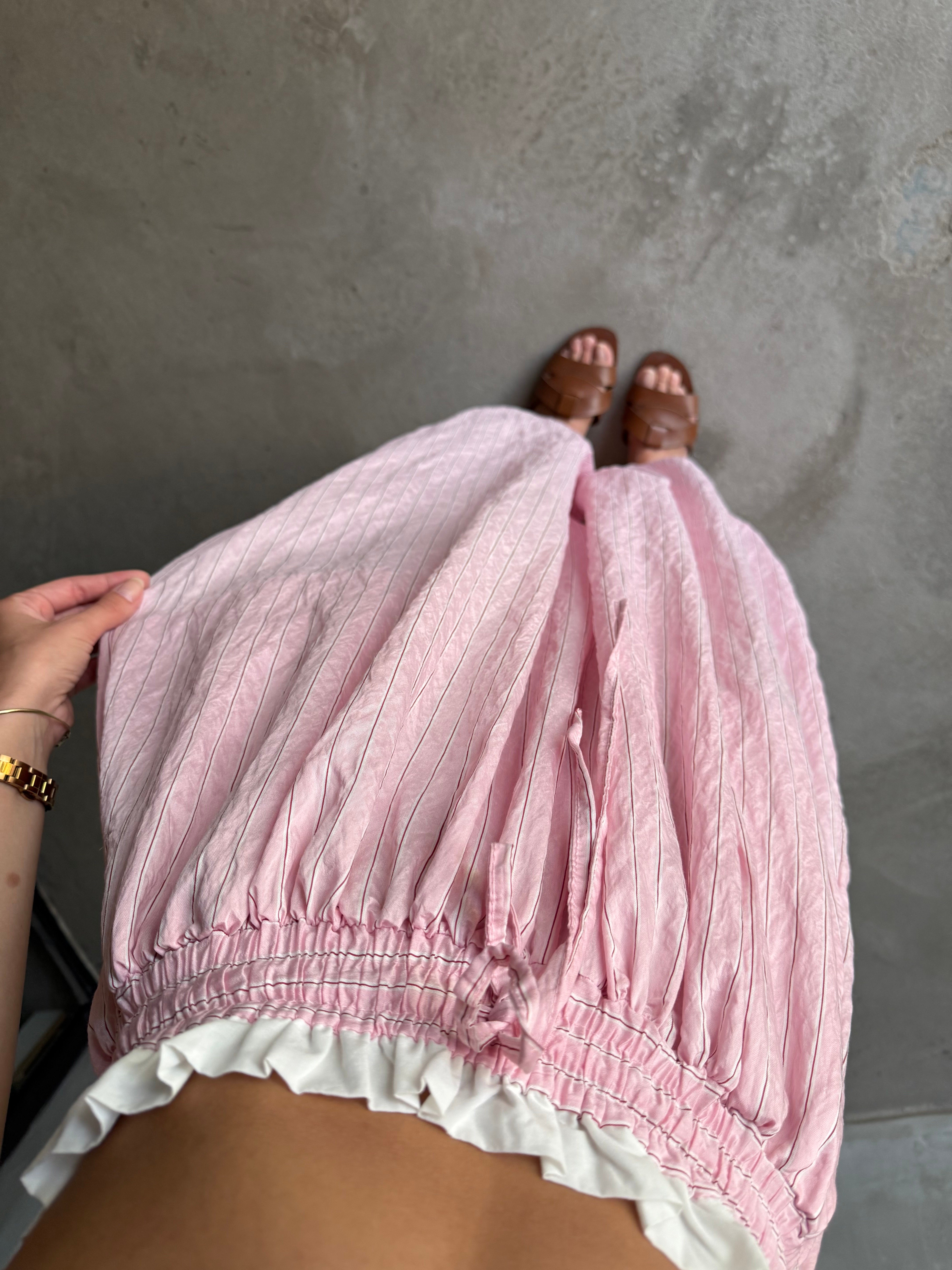 Bel Detay Çizgili Balon Şalvar Pantolon - Pembe - Dominatrend