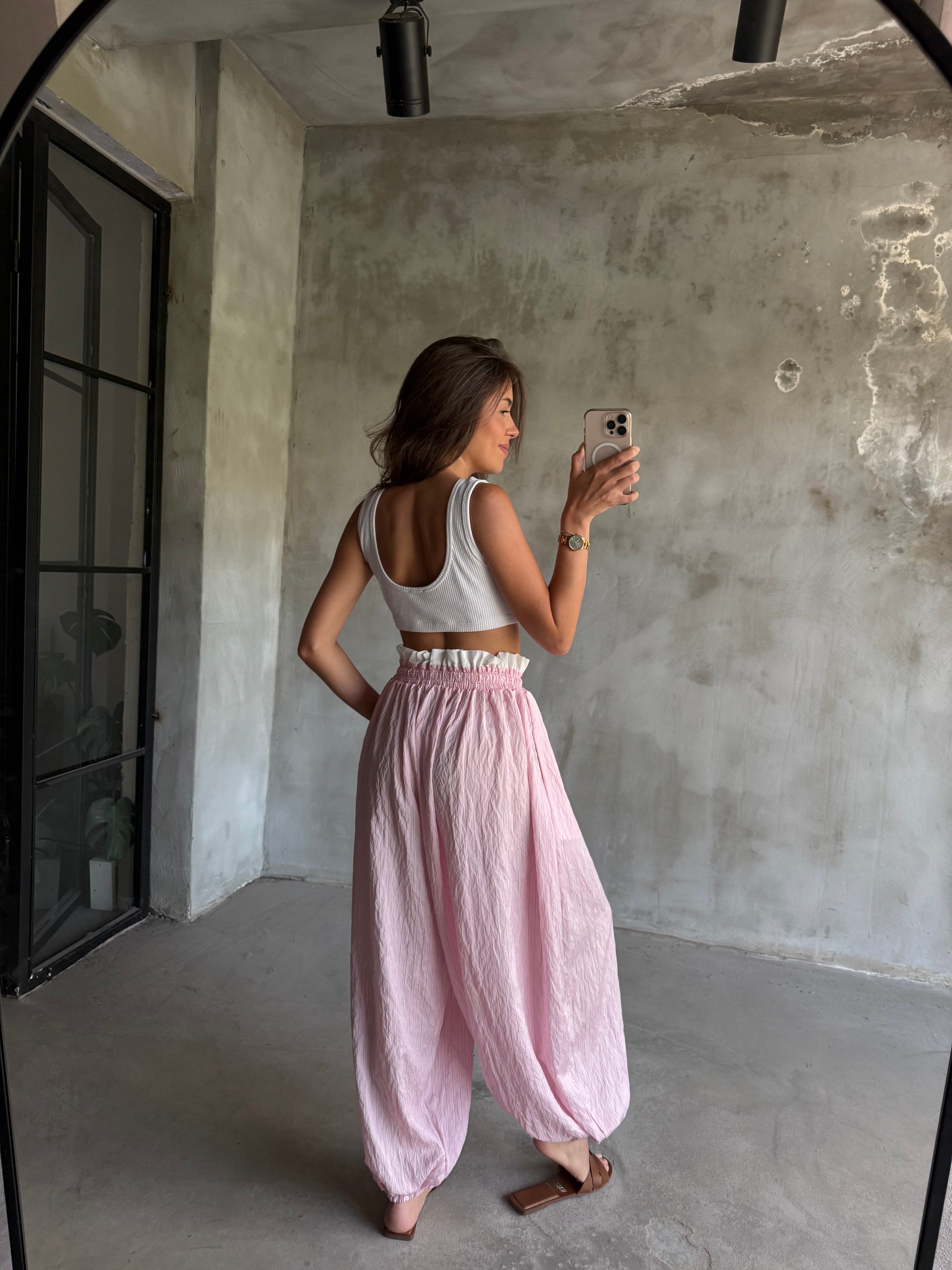 Bel Detay Çizgili Balon Şalvar Pantolon - Pembe - Dominatrend