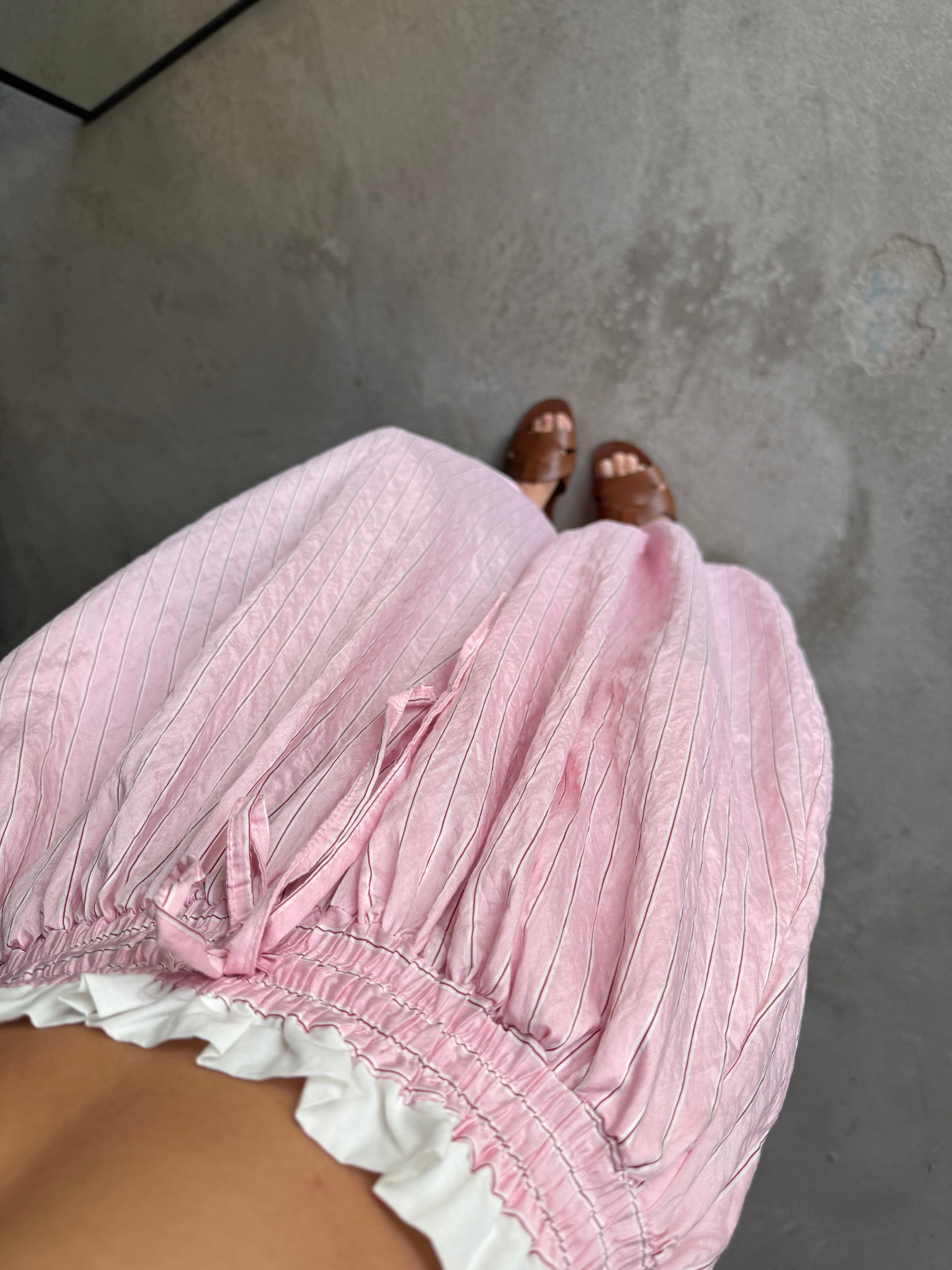 Bel Detay Çizgili Balon Şalvar Pantolon - Pembe - Dominatrend