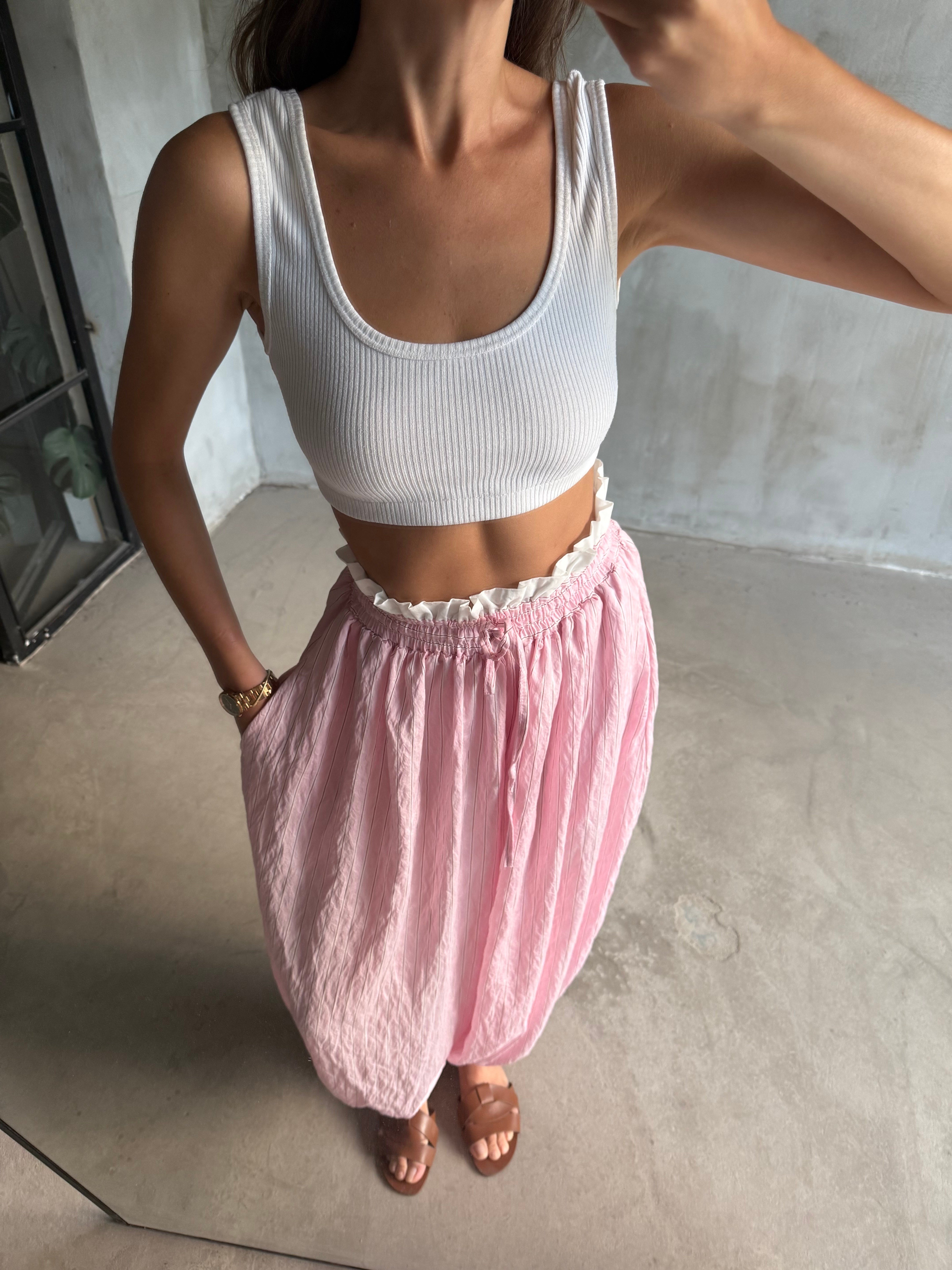 Bel Detay Çizgili Balon Şalvar Pantolon - Pembe - Dominatrend
