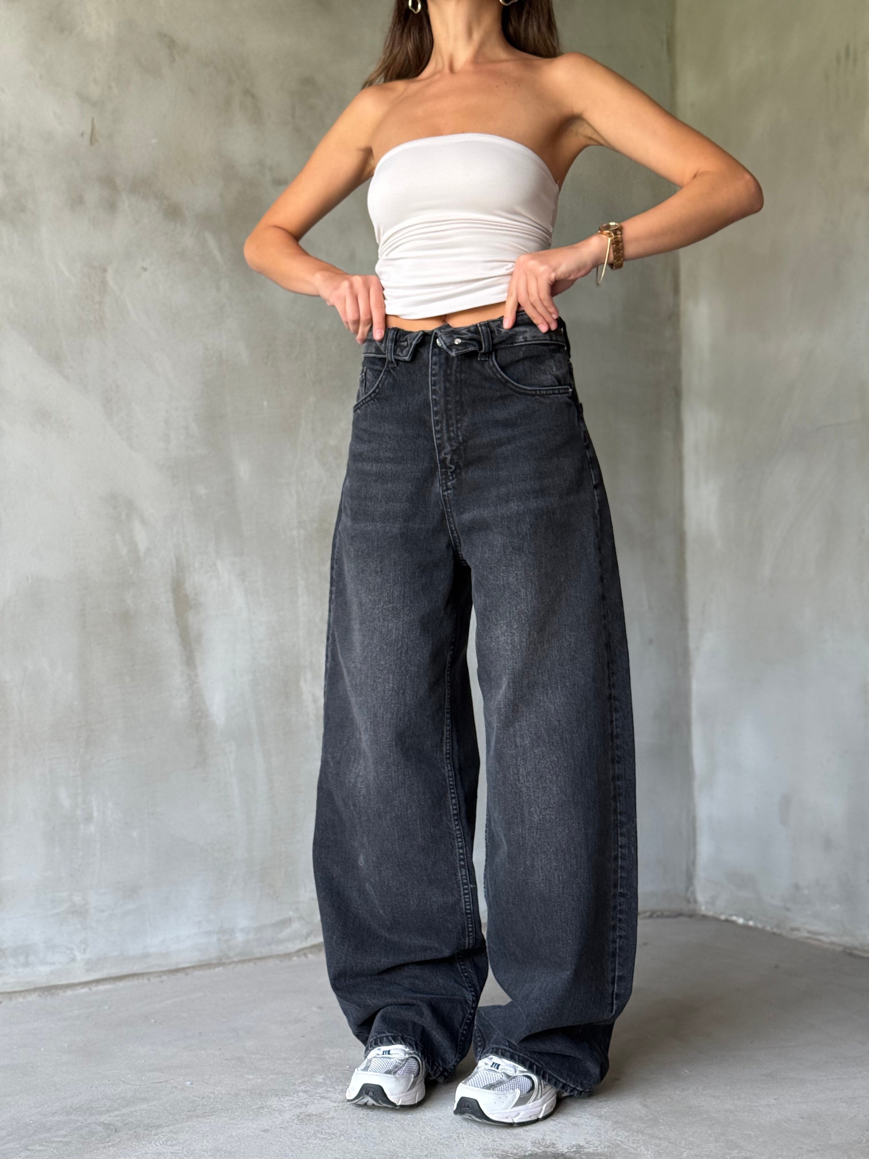 BEL DETAY SİYAH BAGGY JEAN - Dominatrend