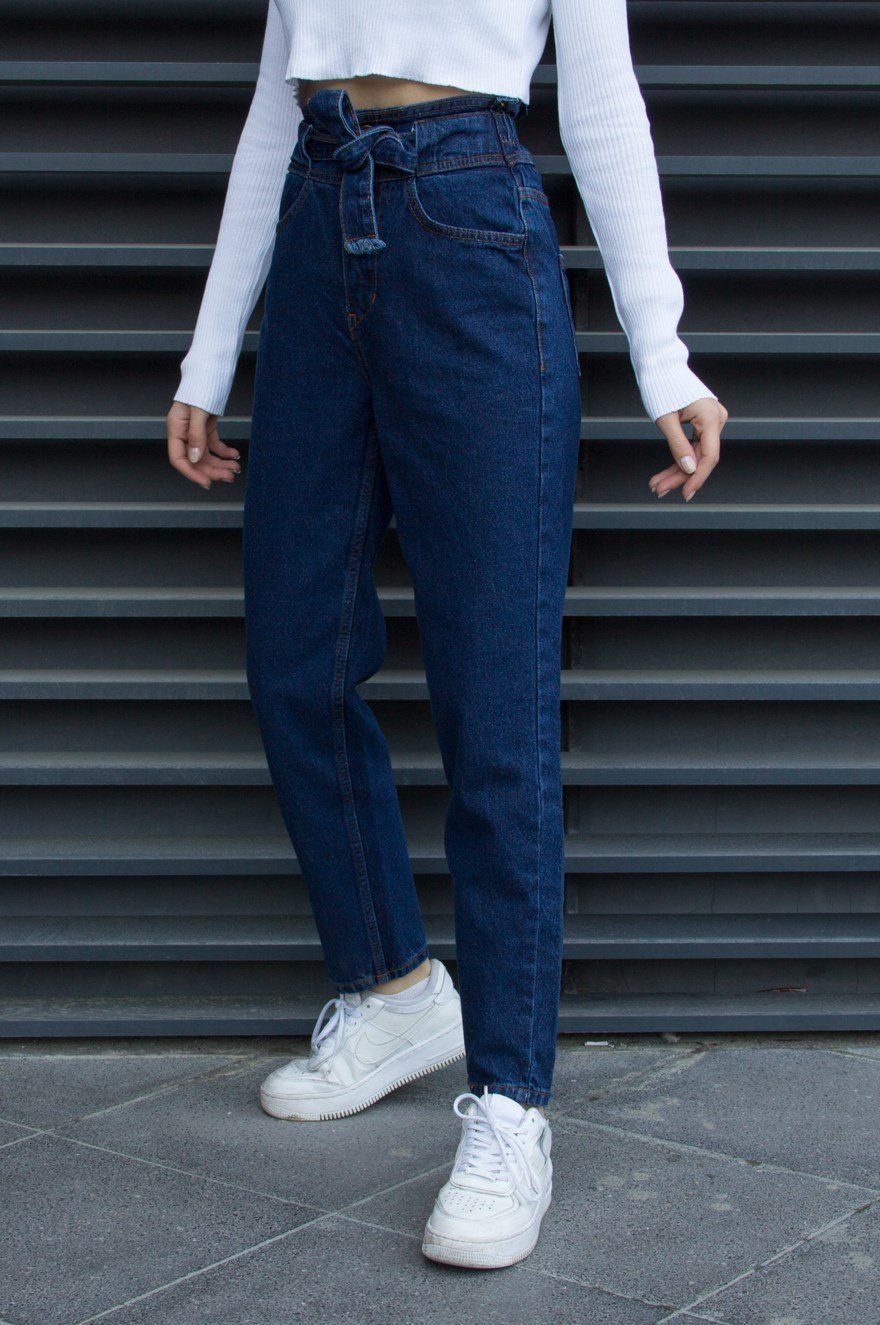 Beli Kuşaklı Çift Düğmeli Mom Jean - Koyu Mavi - Dominatrend