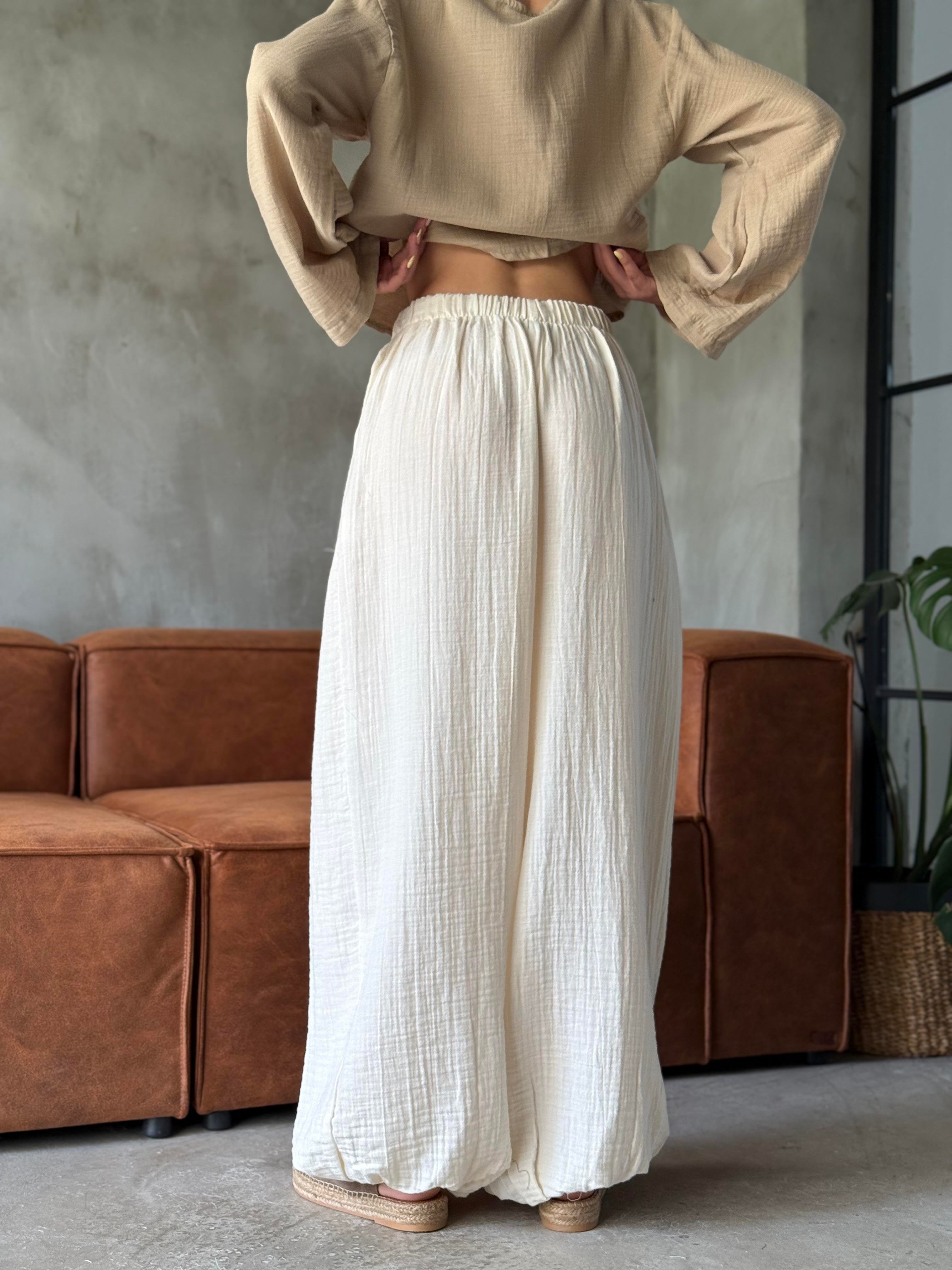 Beyaz Müslin Paça Lastili Balon Pantolon - Dominatrend