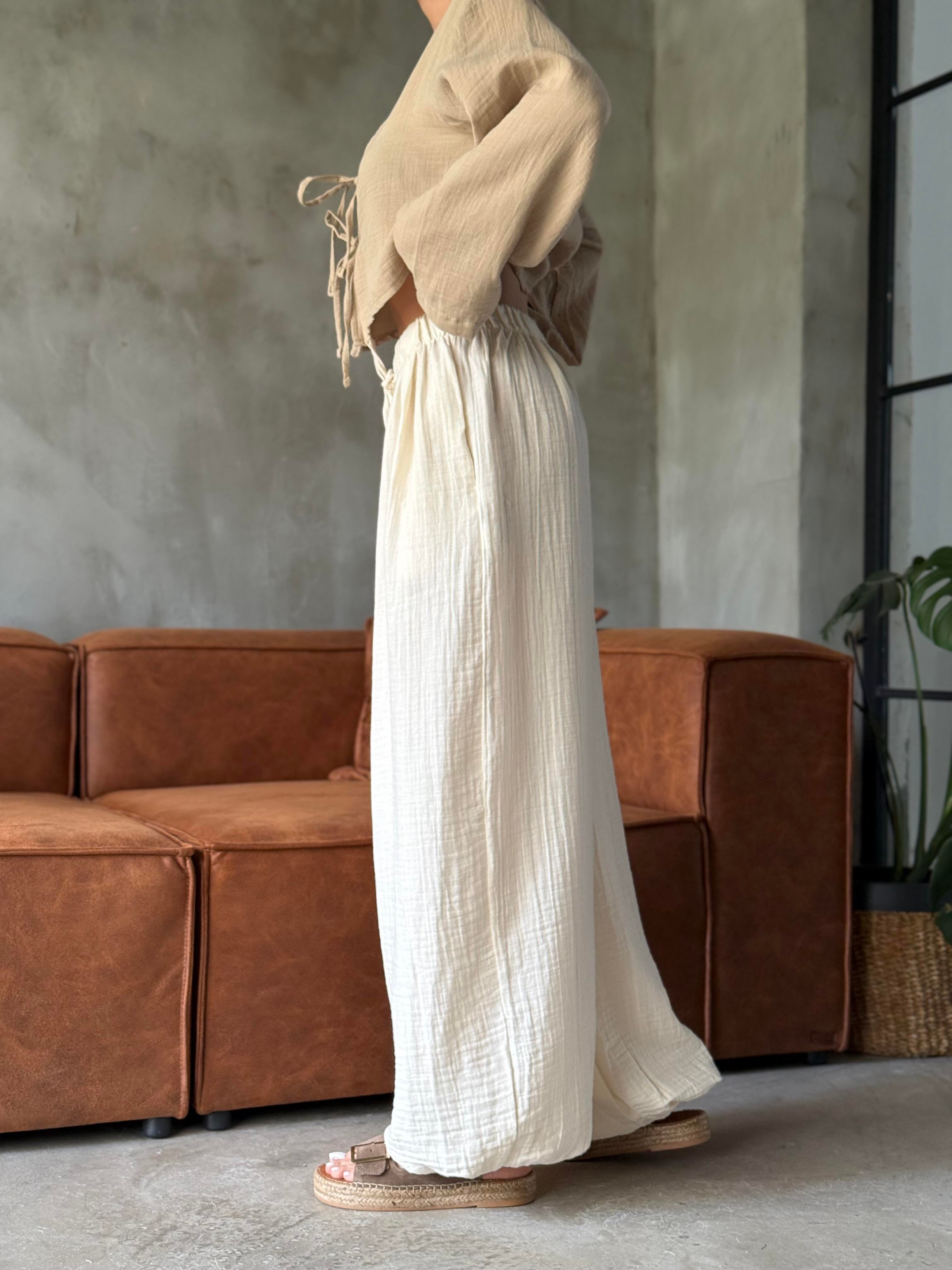 Beyaz Müslin Paça Lastili Balon Pantolon - Dominatrend