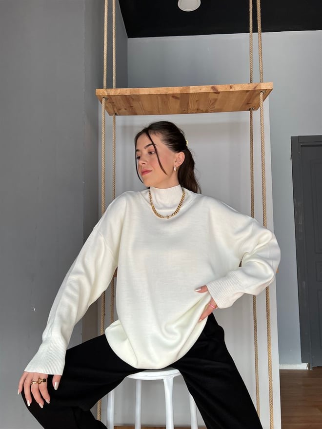 Boğazlı Oversize Kazak Kemik Rengi - Dominatrend