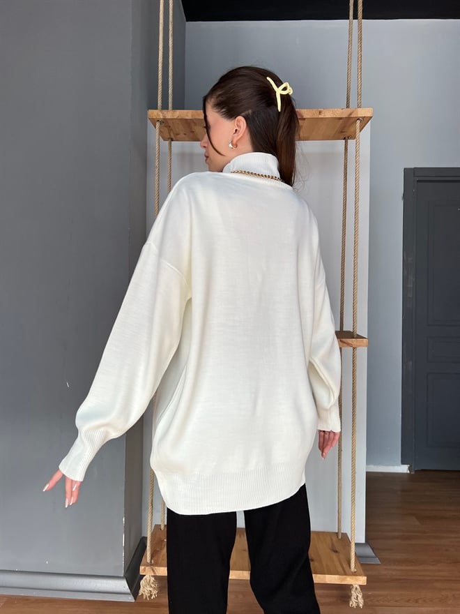 Boğazlı Oversize Kazak Kemik Rengi - Dominatrend