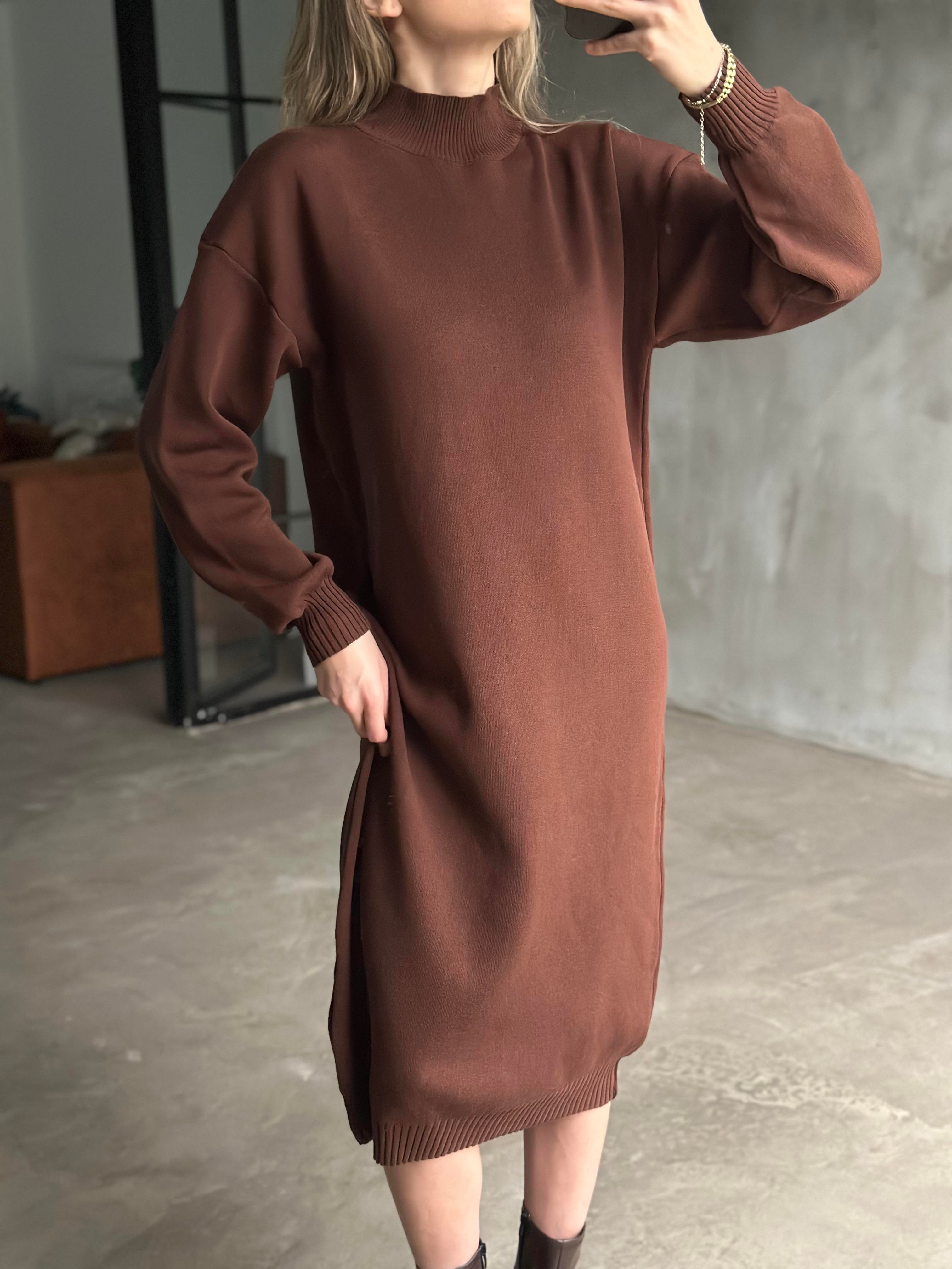 Boğazlı Tunik Elbise - Acı kahve - Dominatrend