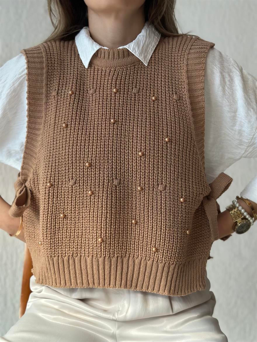 Boncuklu Yandan Bağlamalı Süveter- Camel - Dominatrend