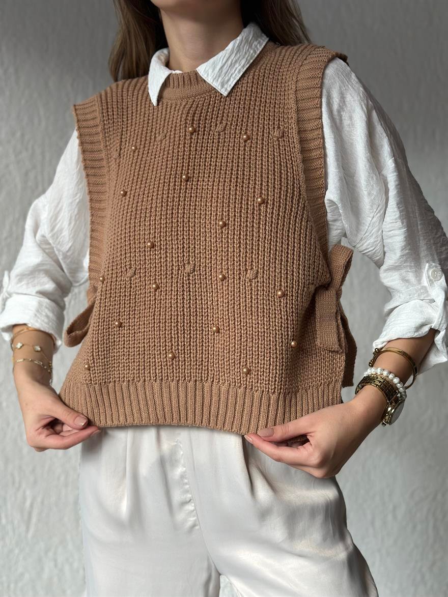 Boncuklu Yandan Bağlamalı Süveter- Camel - Dominatrend