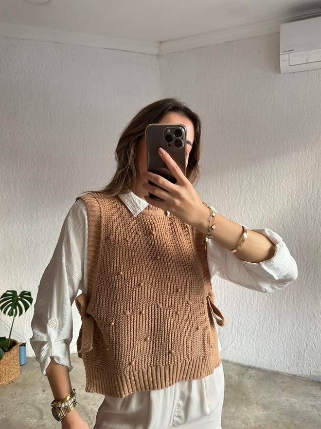 Boncuklu Yandan Bağlamalı Süveter- Camel - Dominatrend
