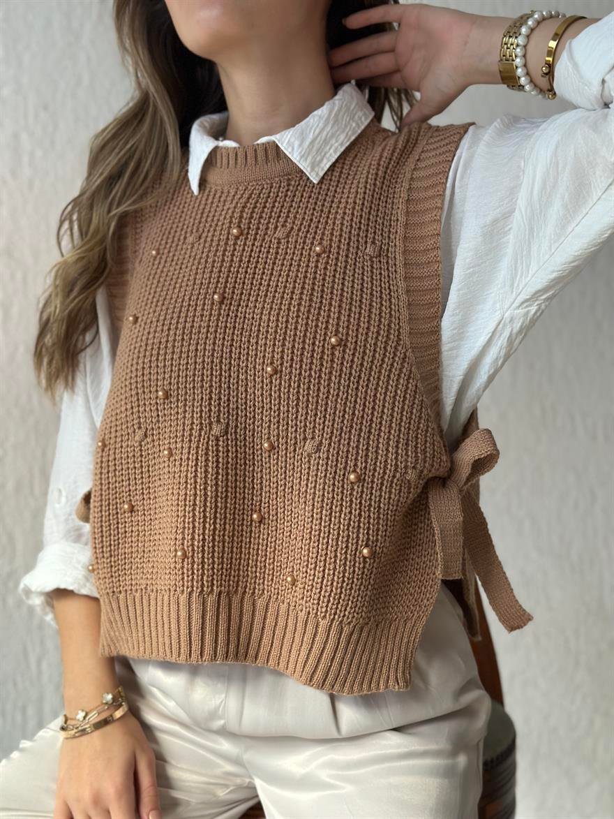 Boncuklu Yandan Bağlamalı Süveter- Camel - Dominatrend